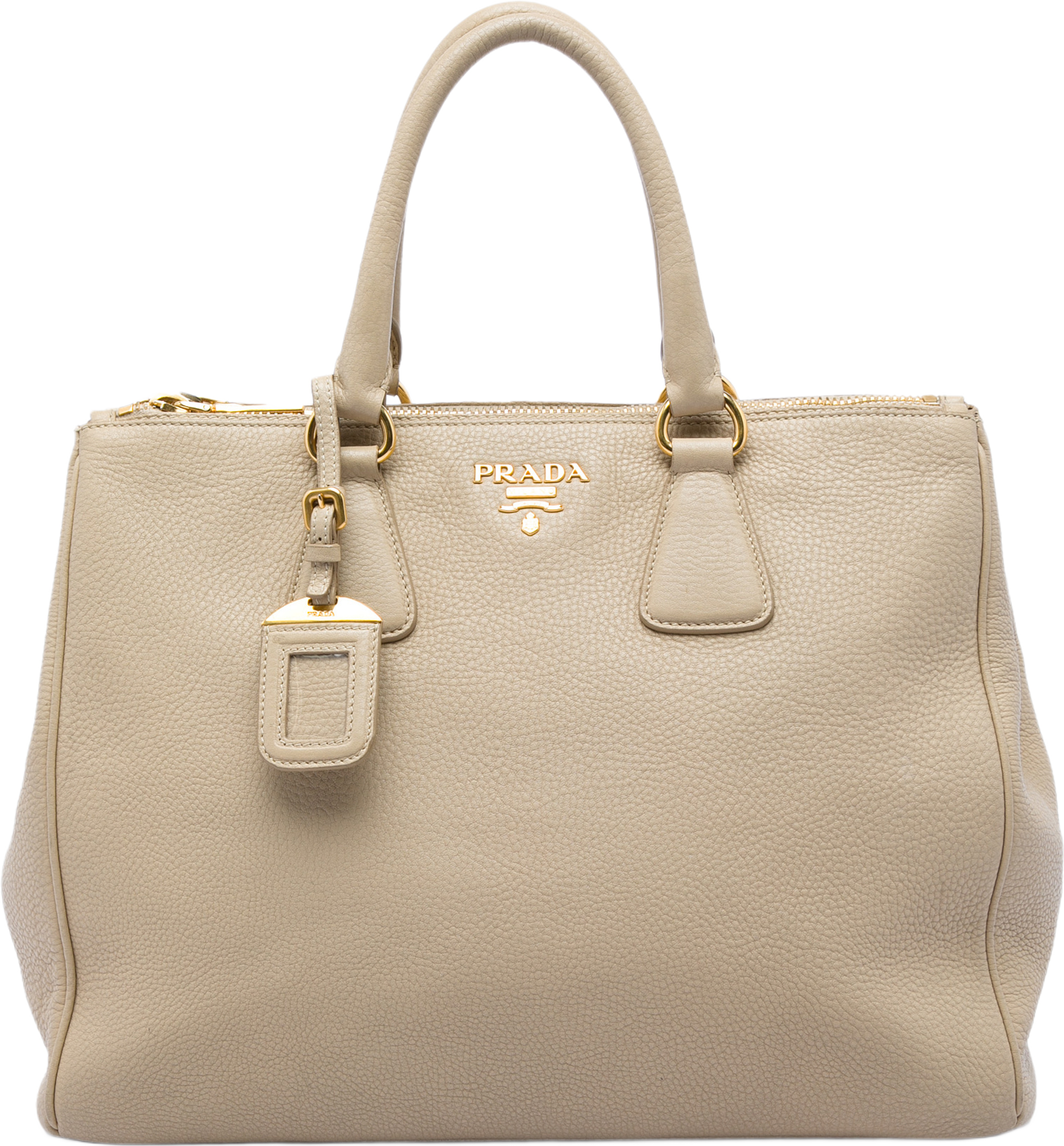 Prada Vitello Daino Double Zip Convertible Tote, från Luxclusif, i färgen beige. Klicka för att öppna bilden i stort format