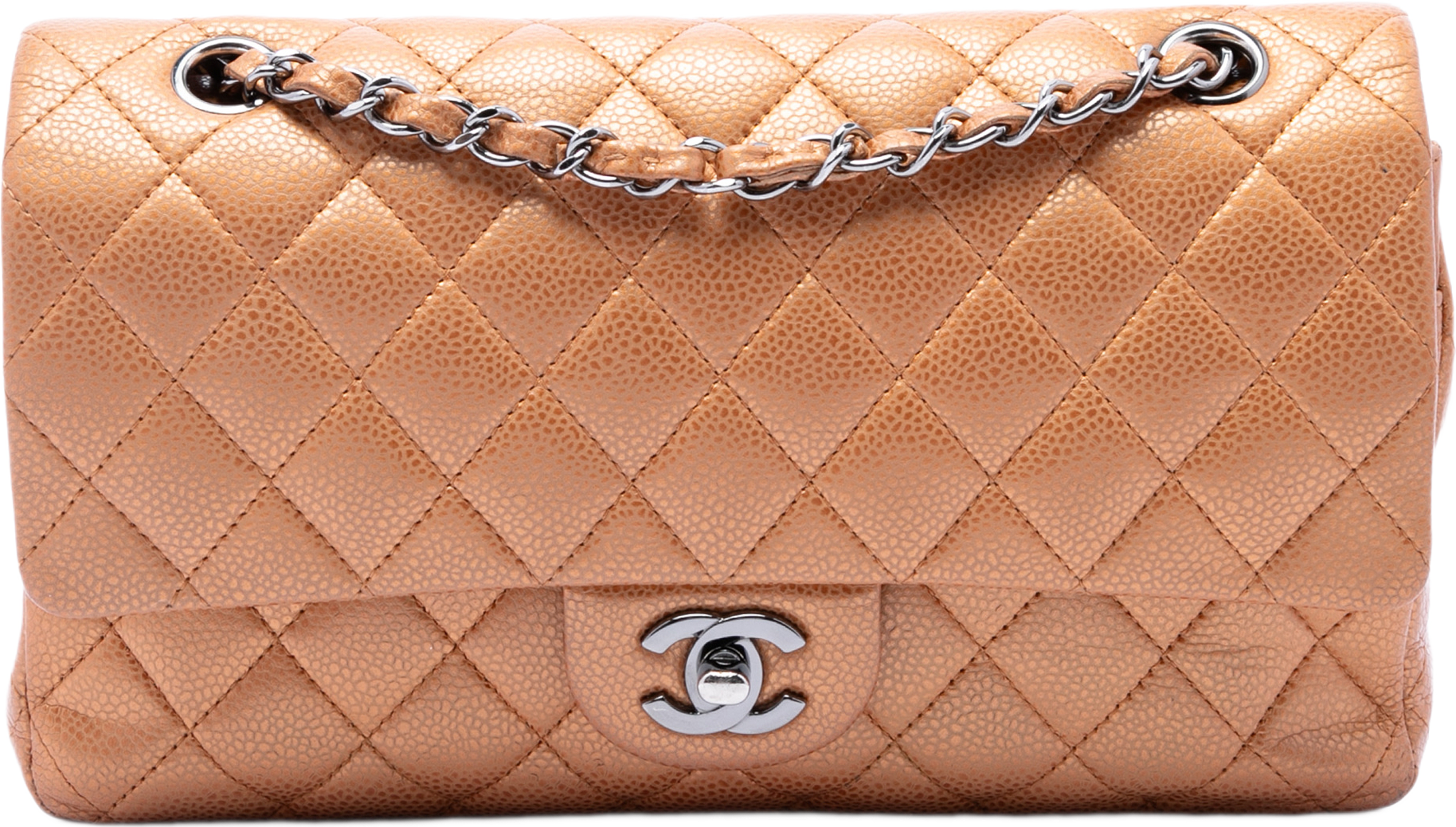 Chanel Medium Classic Metallic Caviar Double Flap, från Luxclusif, i färgen brun. Klicka för att öppna bilden i stort format