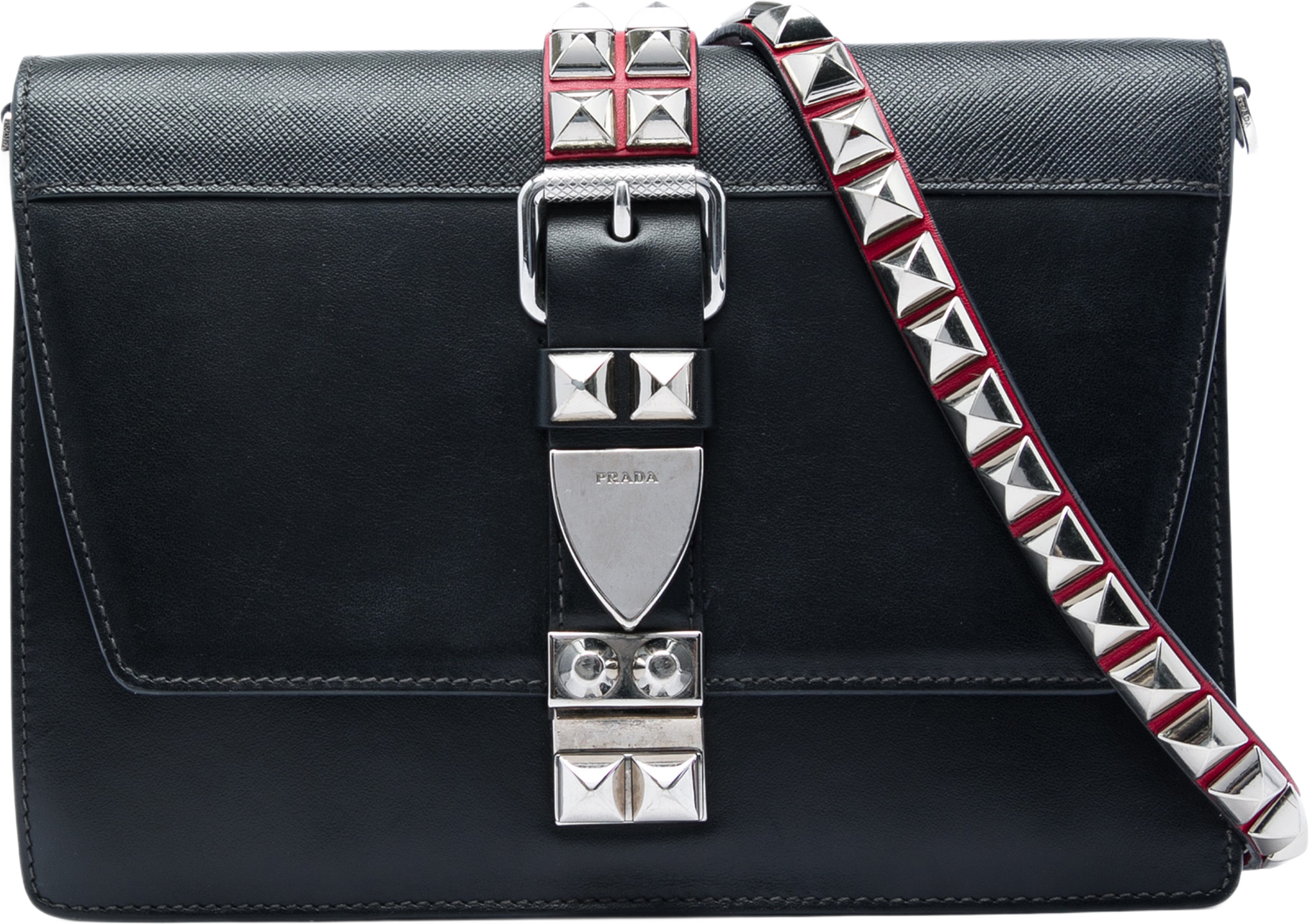Prada City Calf And Saffiano Studded Elektra Crossbody, från Luxclusif, i färgen svart. Klicka för att öppna bilden i stort format