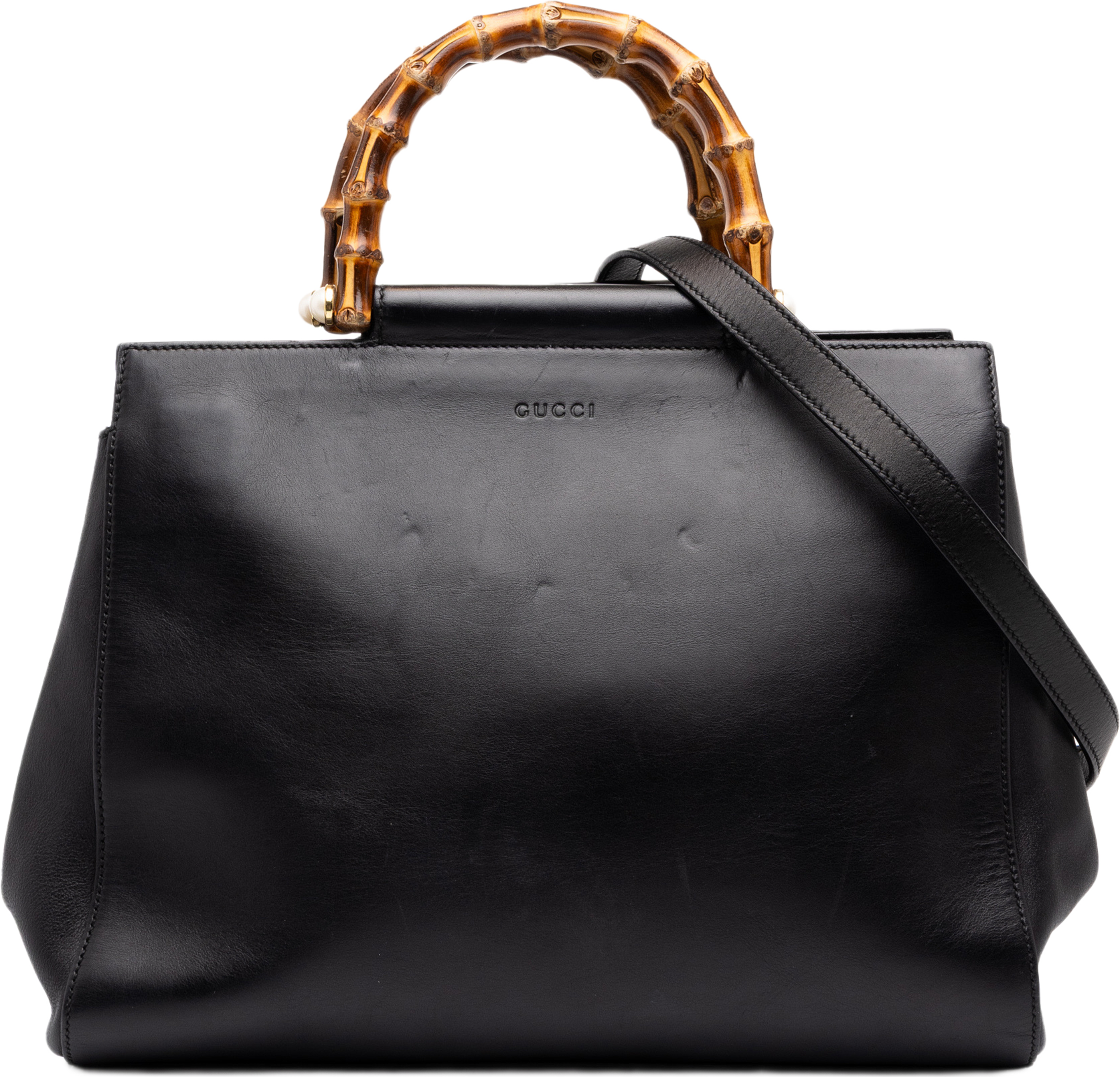 Gucci Medium Leather Bamboo Nymphaea Satchel, från Luxclusif, i färgen svart. Klicka för att öppna bilden i stort format