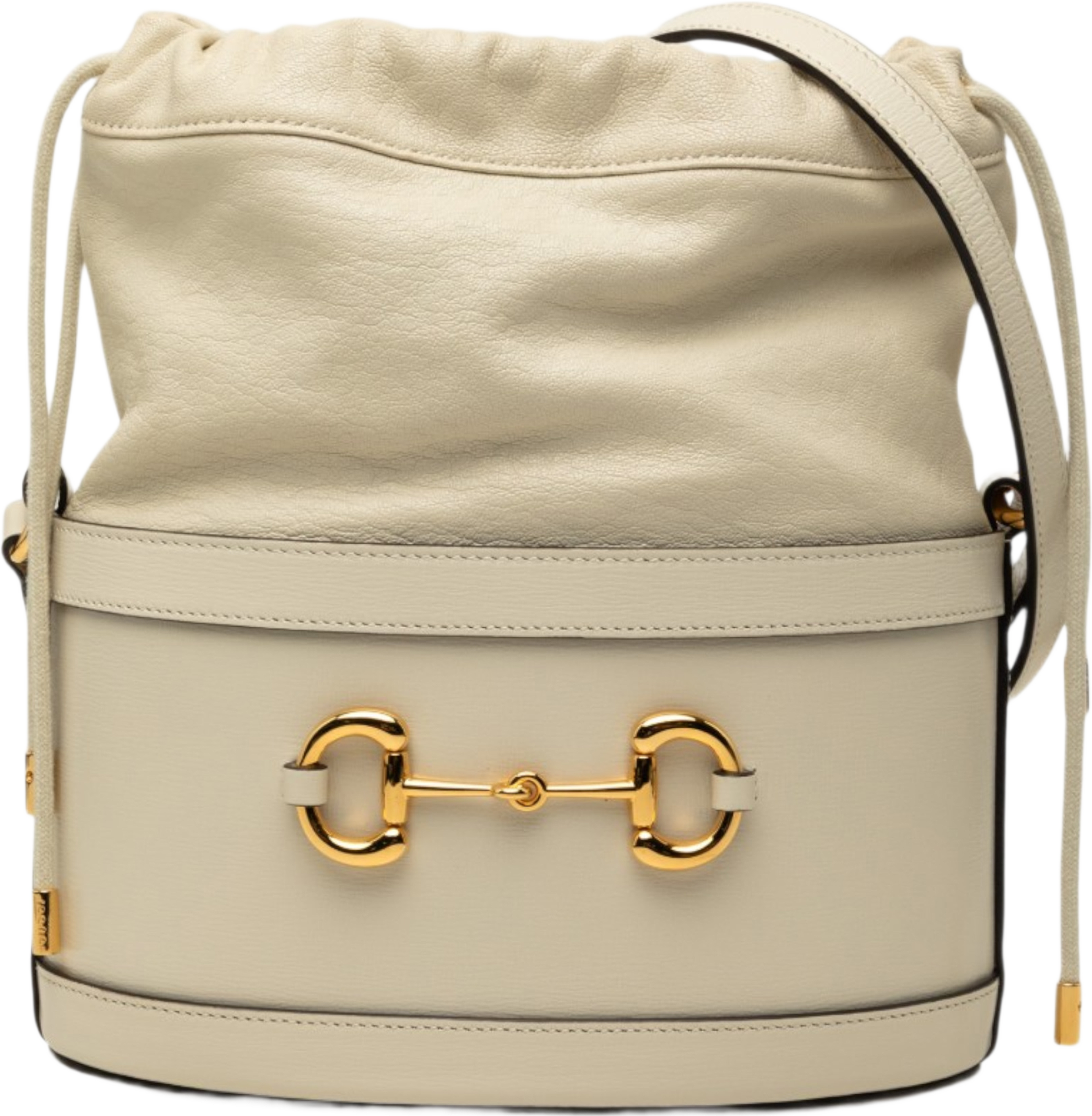 Gucci Calfskin Horsebit 1955 Bucket Bag, från Luxclusif, i färgen vit. Klicka för att öppna bilden i stort format