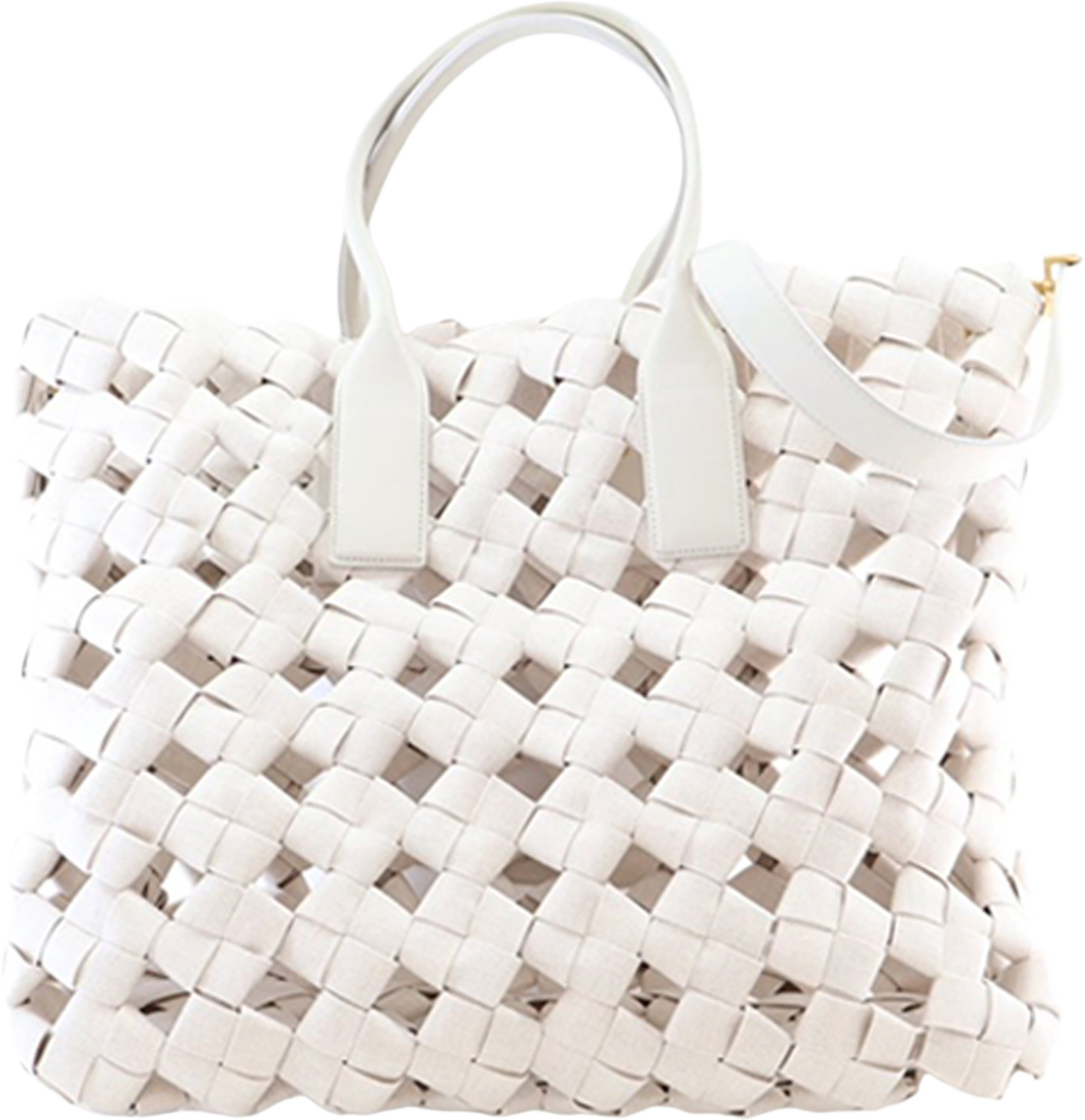 Bottega Veneta Canvas Window Woven Satchel, från Luxclusif, i färgen beige. Klicka för att öppna bilden i stort format