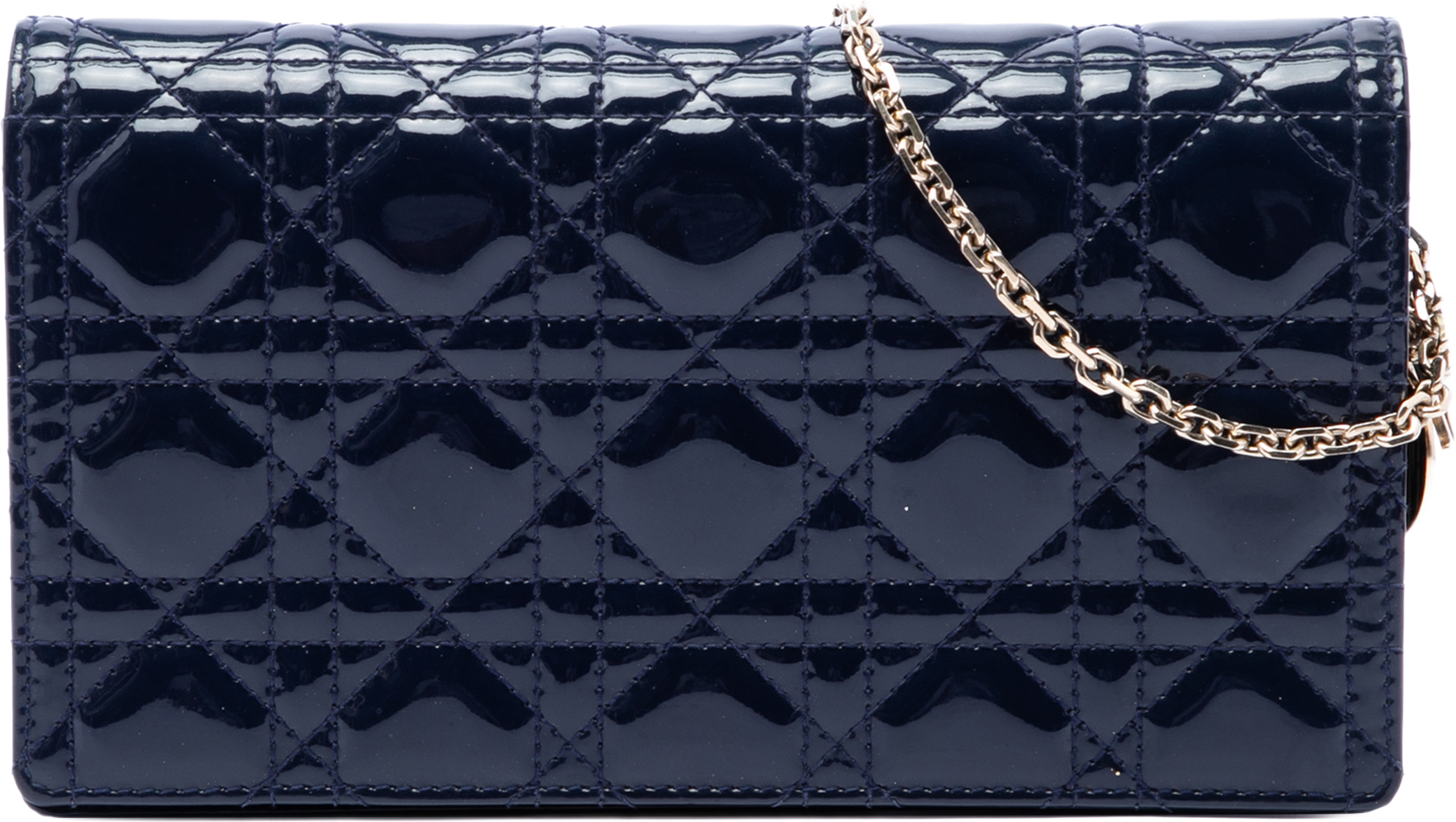 Dior Patent Cannage Lady Dior Pouch With Chain, från Luxclusif, i färgen blå. Klicka för att öppna bilden i stort format
