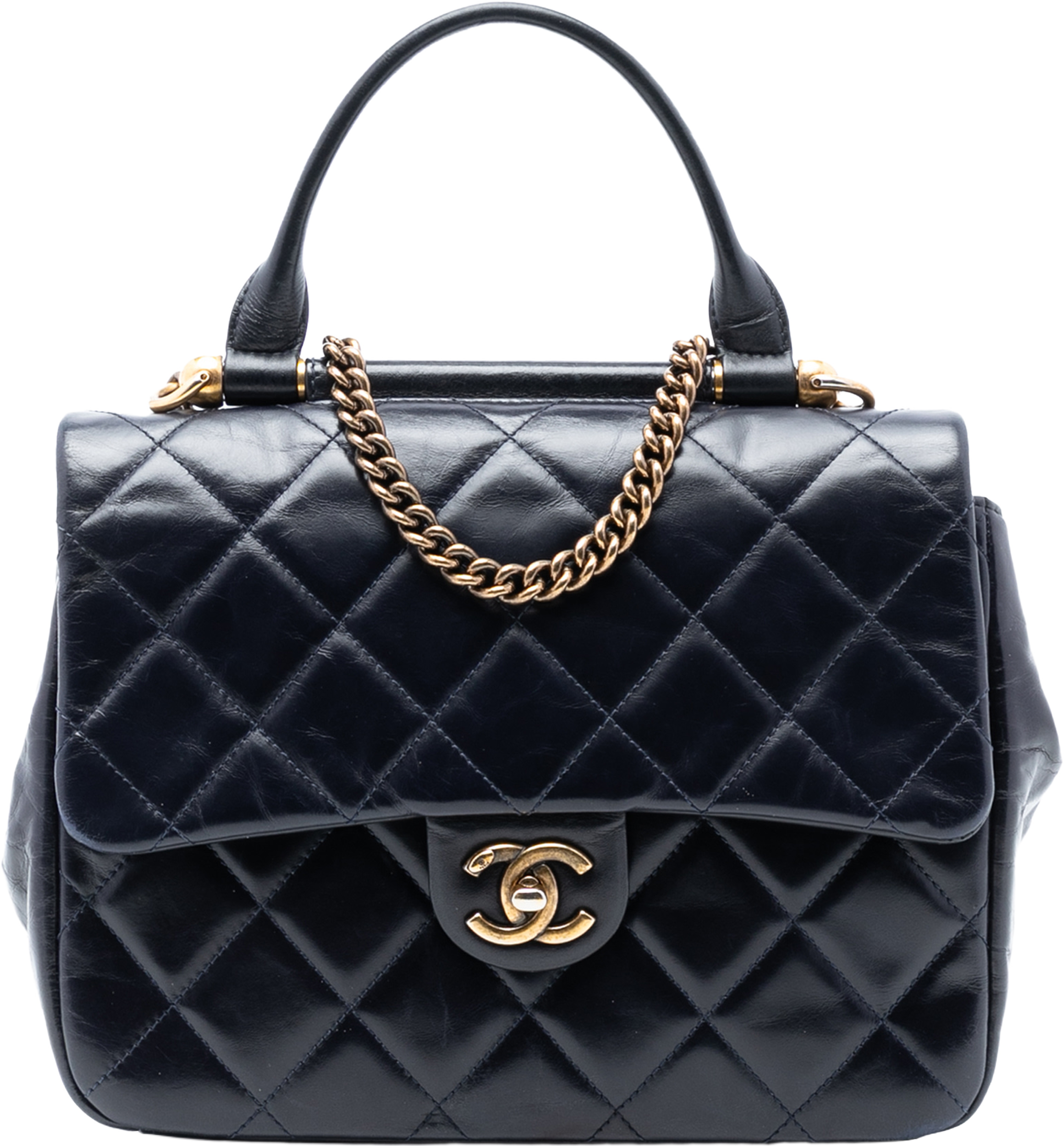 Chanel Medium Quilted Glazed Calfskin Gold Bar Top Handle Flap, från Luxclusif, i färgen navy. Klicka för att öppna bilden i stort format