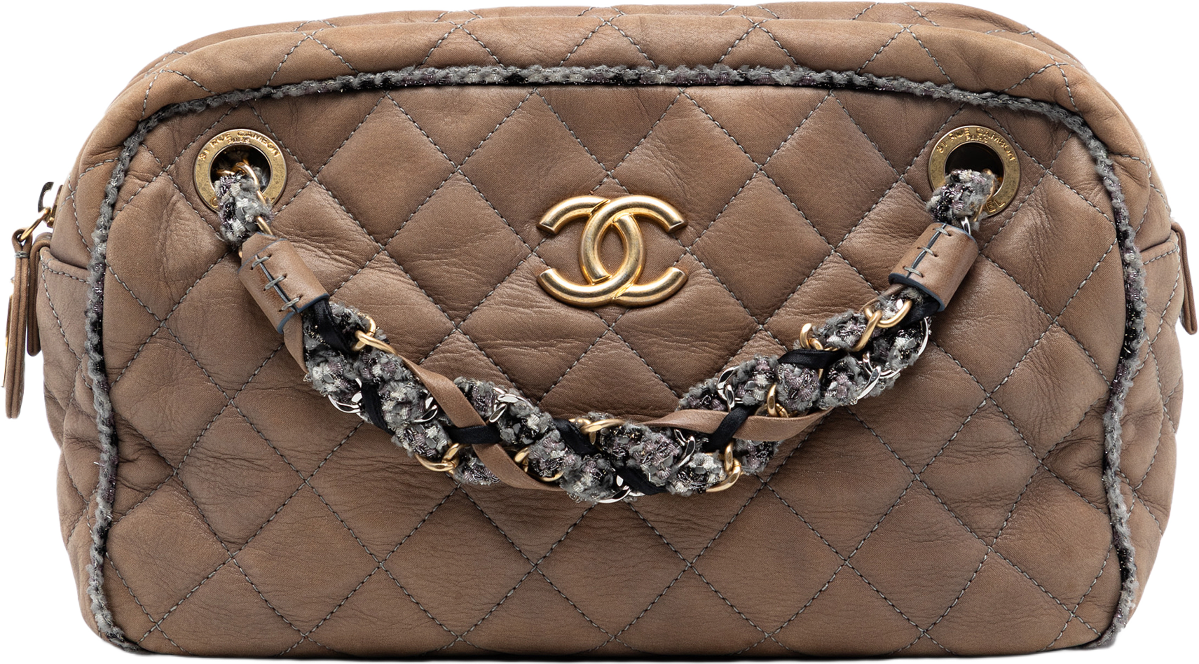 Chanel Cc Quilted Iridescent Calfskin Tweed Bowler Bag, från Luxclusif, i färgen brown. Klicka för att öppna bilden i stort format