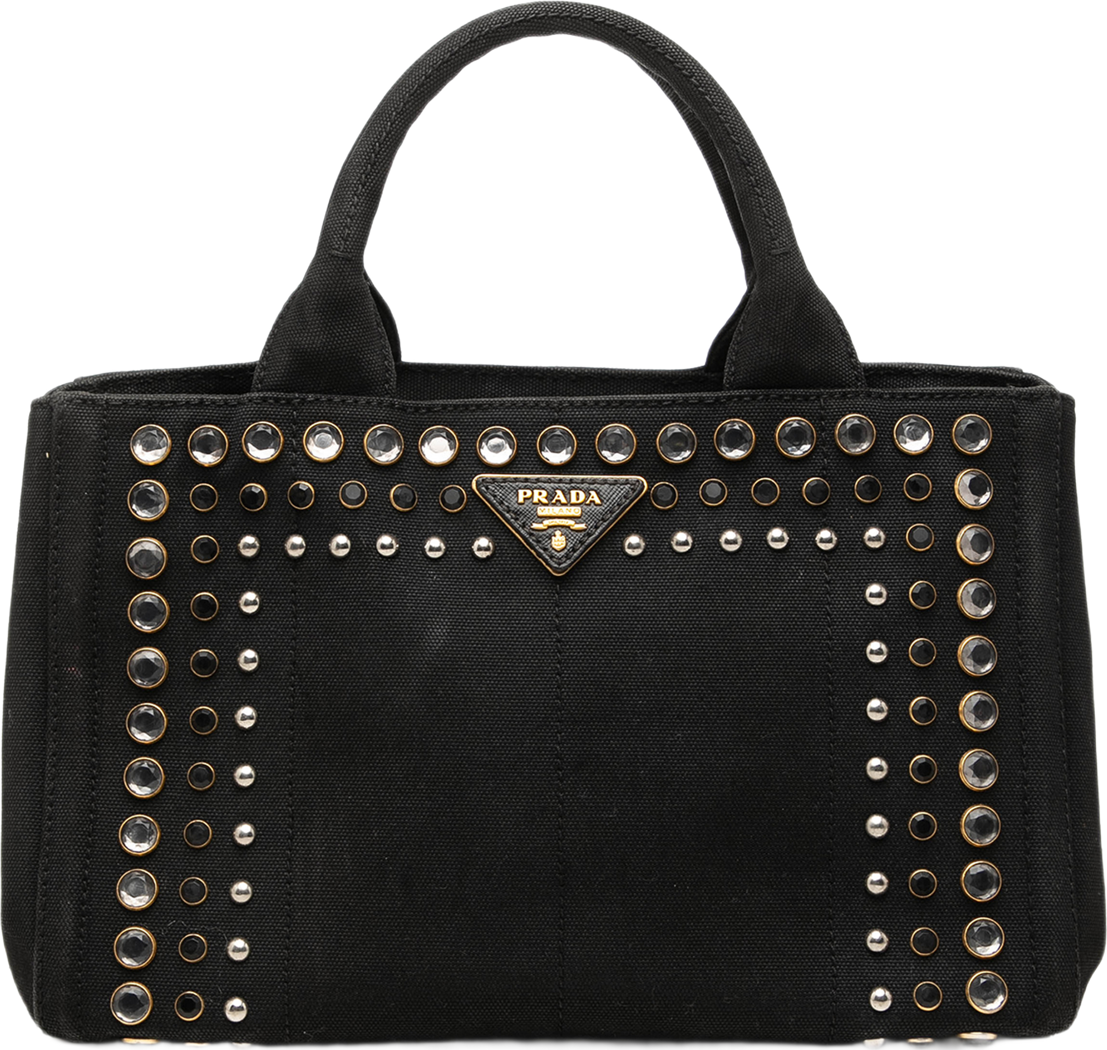 Prada Canvas Canapa Studded Handbag, från Luxclusif, i färgen svart. Klicka för att öppna bilden i stort format