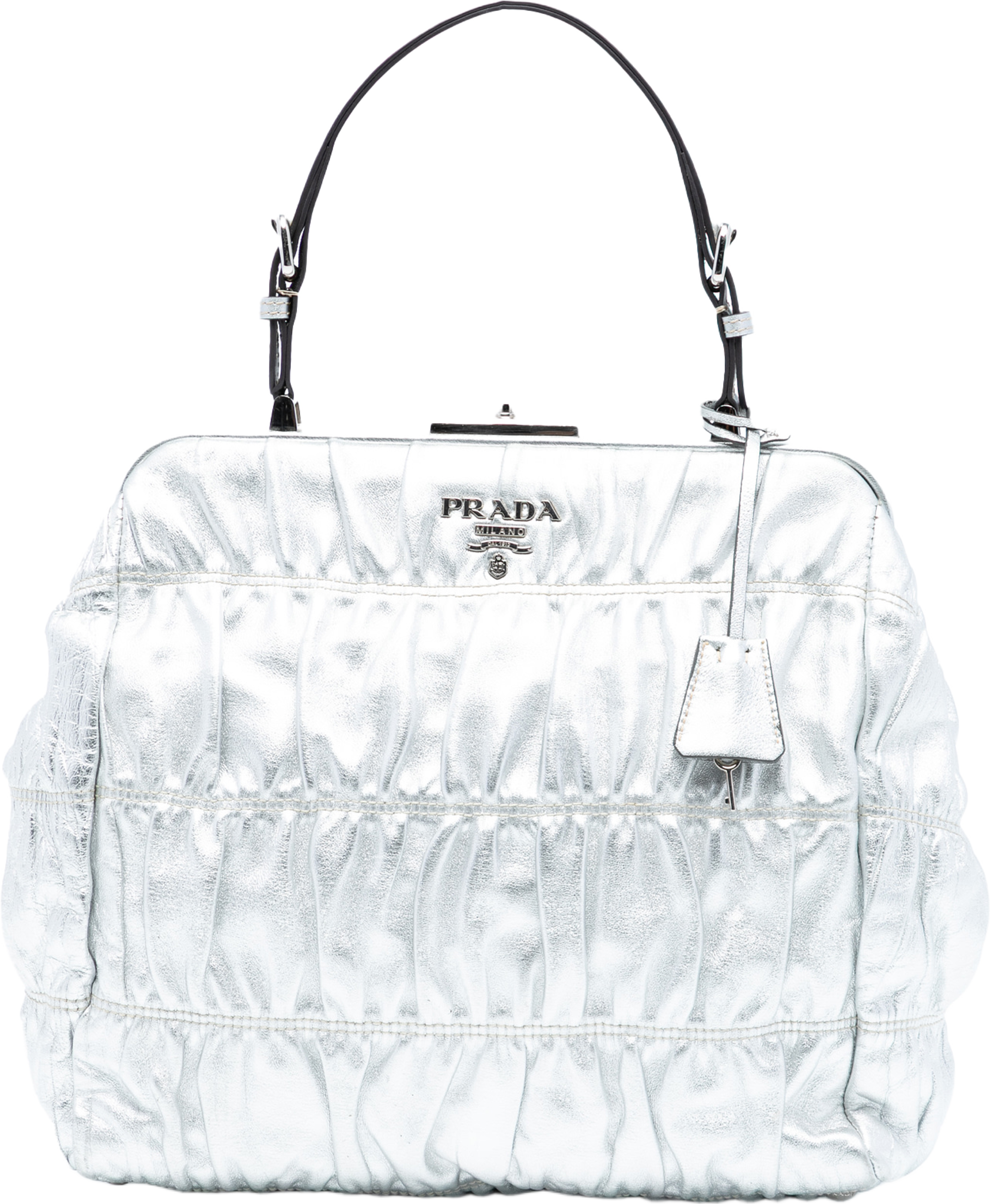 Prada Metallic Nappa Gaufre Dressy Frame Handbag, från Luxclusif, i färgen silver. Klicka för att öppna bilden i stort format