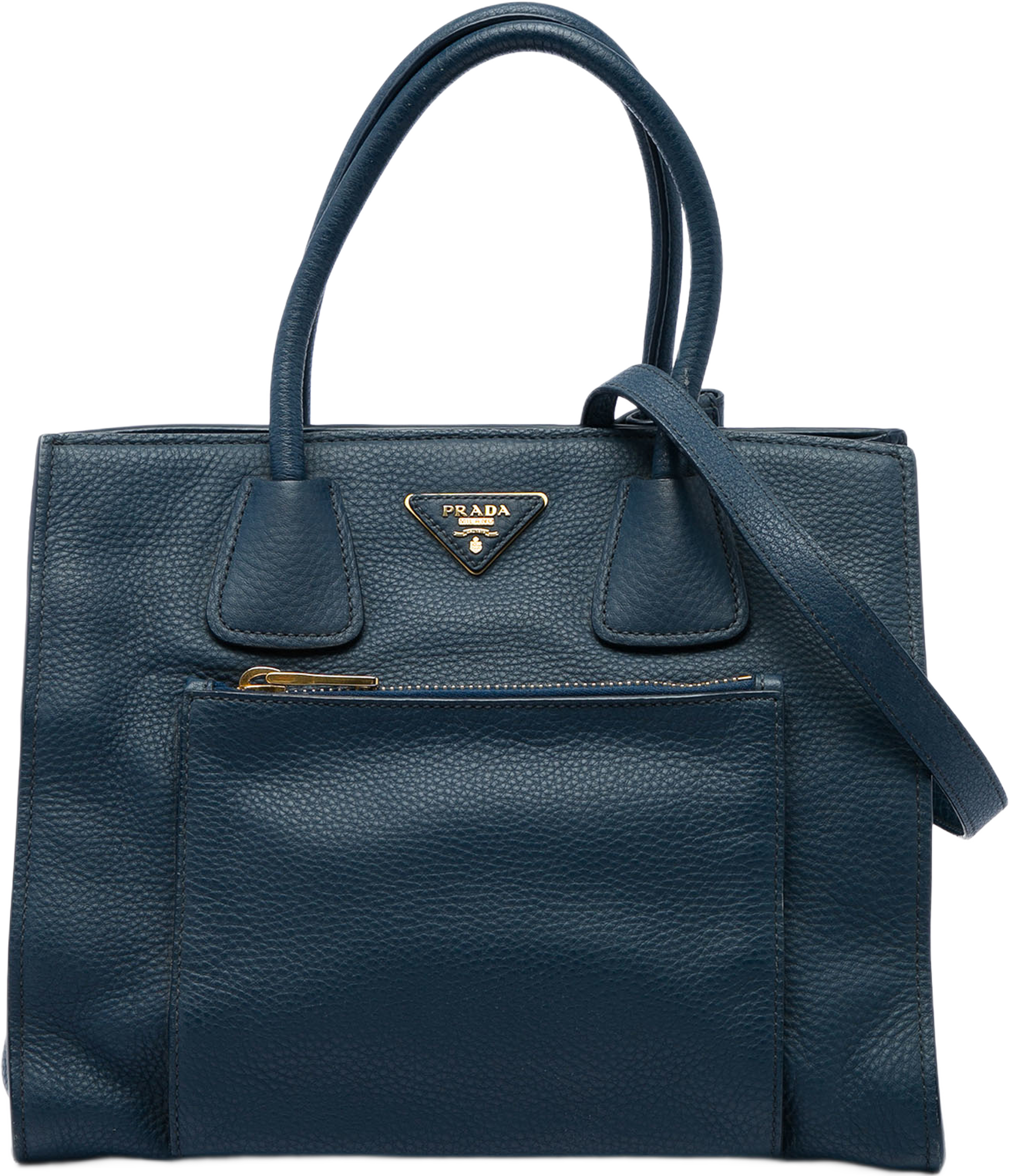 Prada Vitello Daino Front Pocket Open Convertible Tote, från Luxclusif, i färgen blå. Klicka för att öppna bilden i stort format