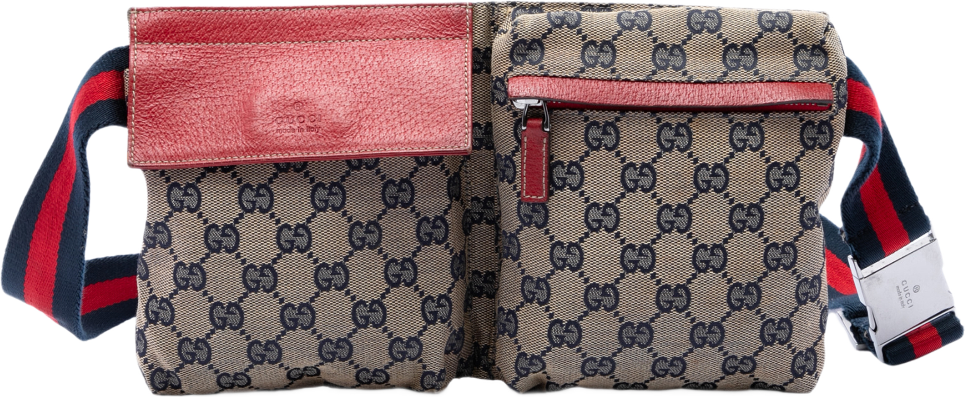 Gucci Gg Canvas Web Double Pocket Belt Bag, från Luxclusif, i färgen beige. Klicka för att öppna bilden i stort format