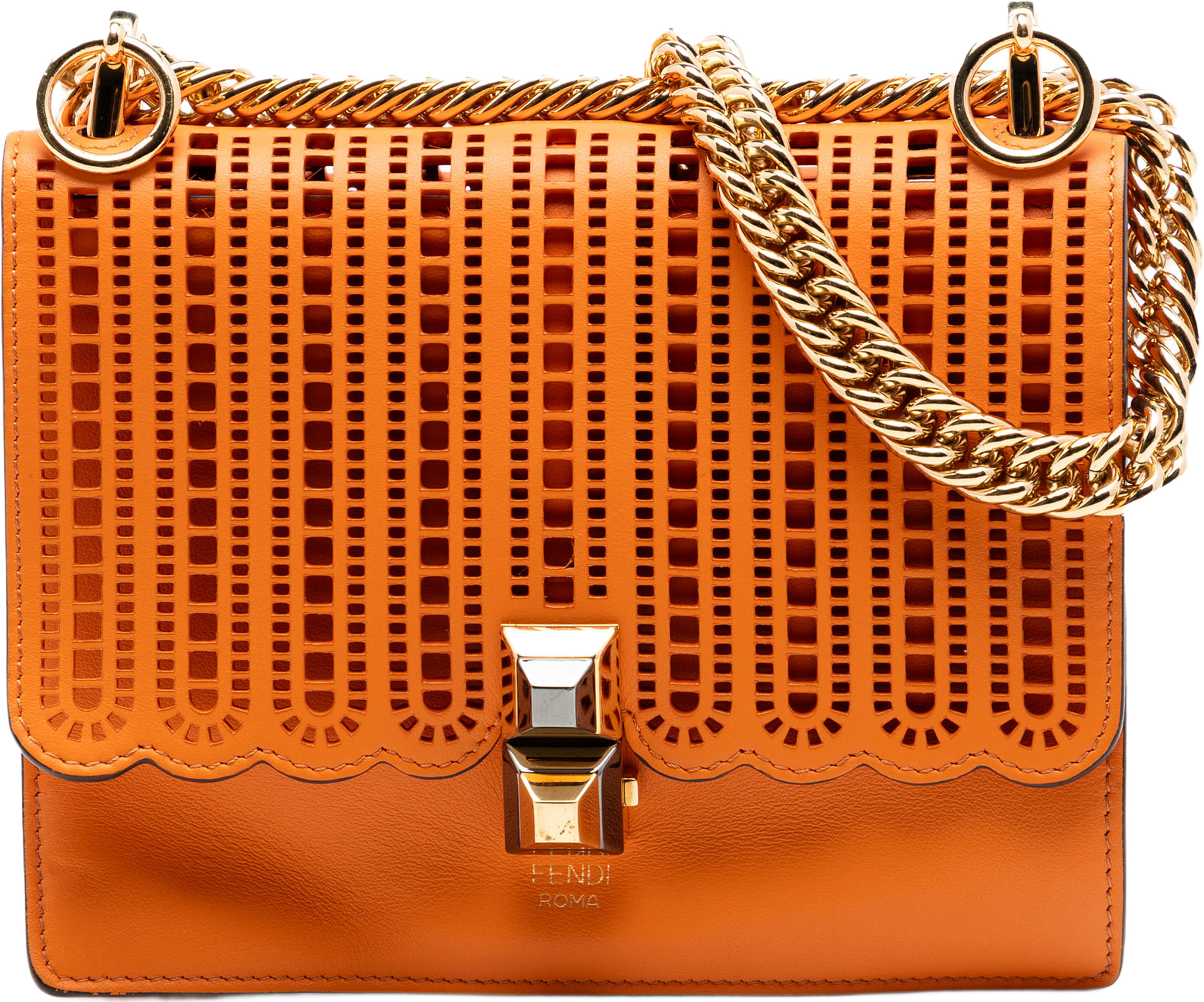 Fendi Small Vitello Grace Openwork Kan I Crossbody, från Luxclusif, i färgen orange. Klicka för att öppna bilden i stort format