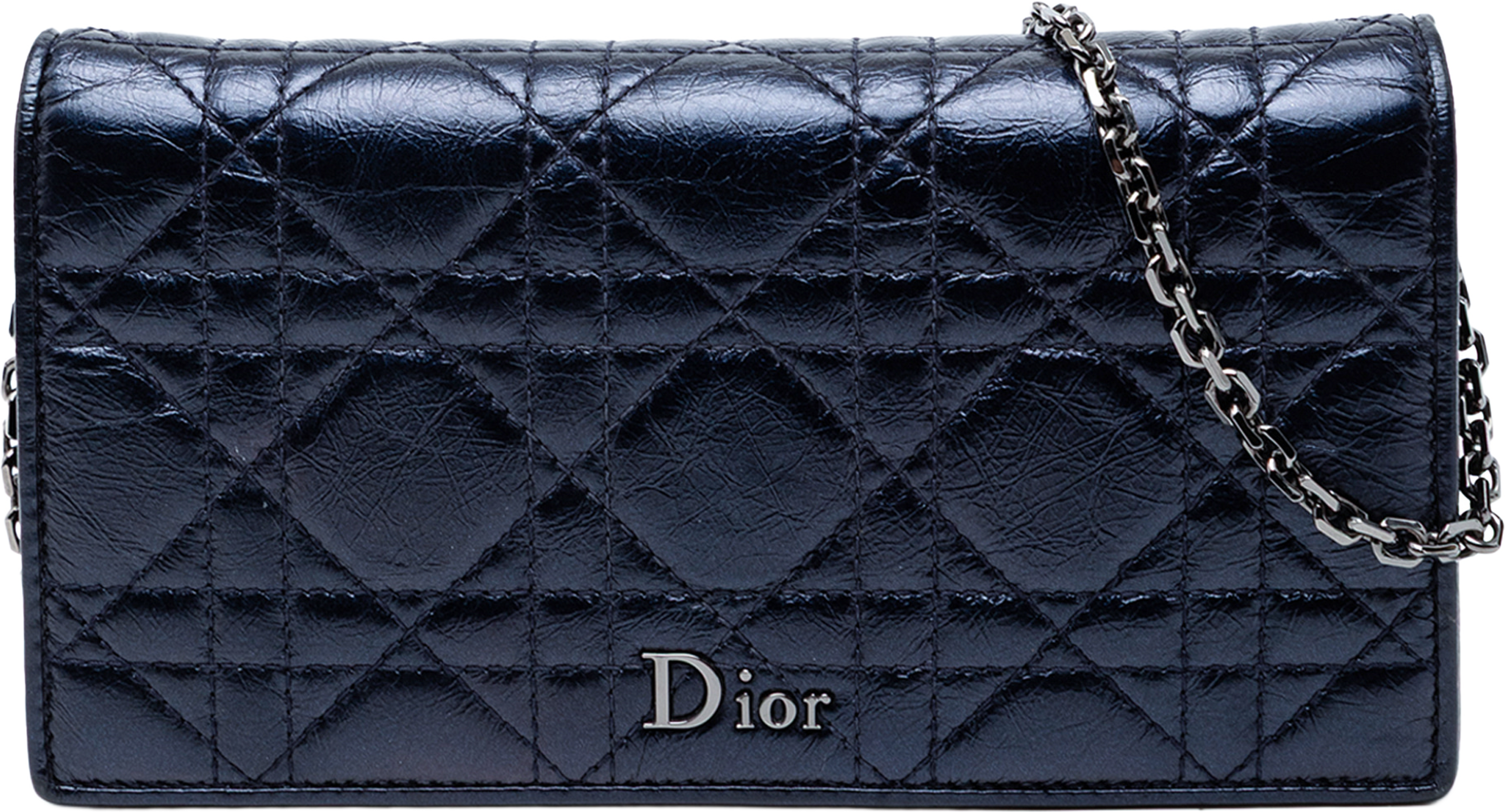 Dior Crinkled Lambskin Cannage Lady Dior Wallet On Chain, från Luxclusif, i färgen navy. Klicka för att öppna bilden i stort format