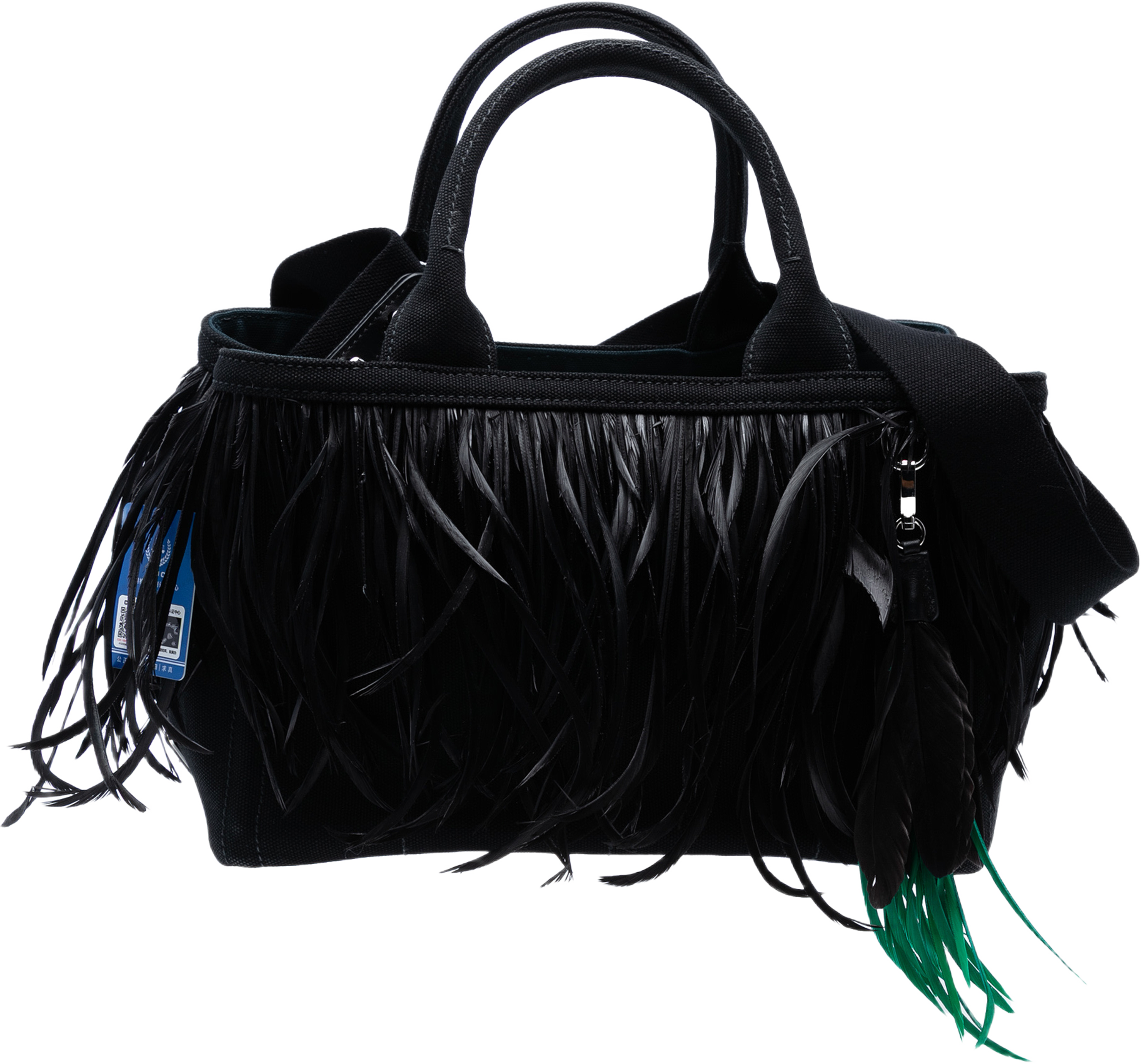 Prada Small Feather Trimmed Canvas Canapa Satchel, från Luxclusif, i färgen black. Klicka för att öppna bilden i stort format