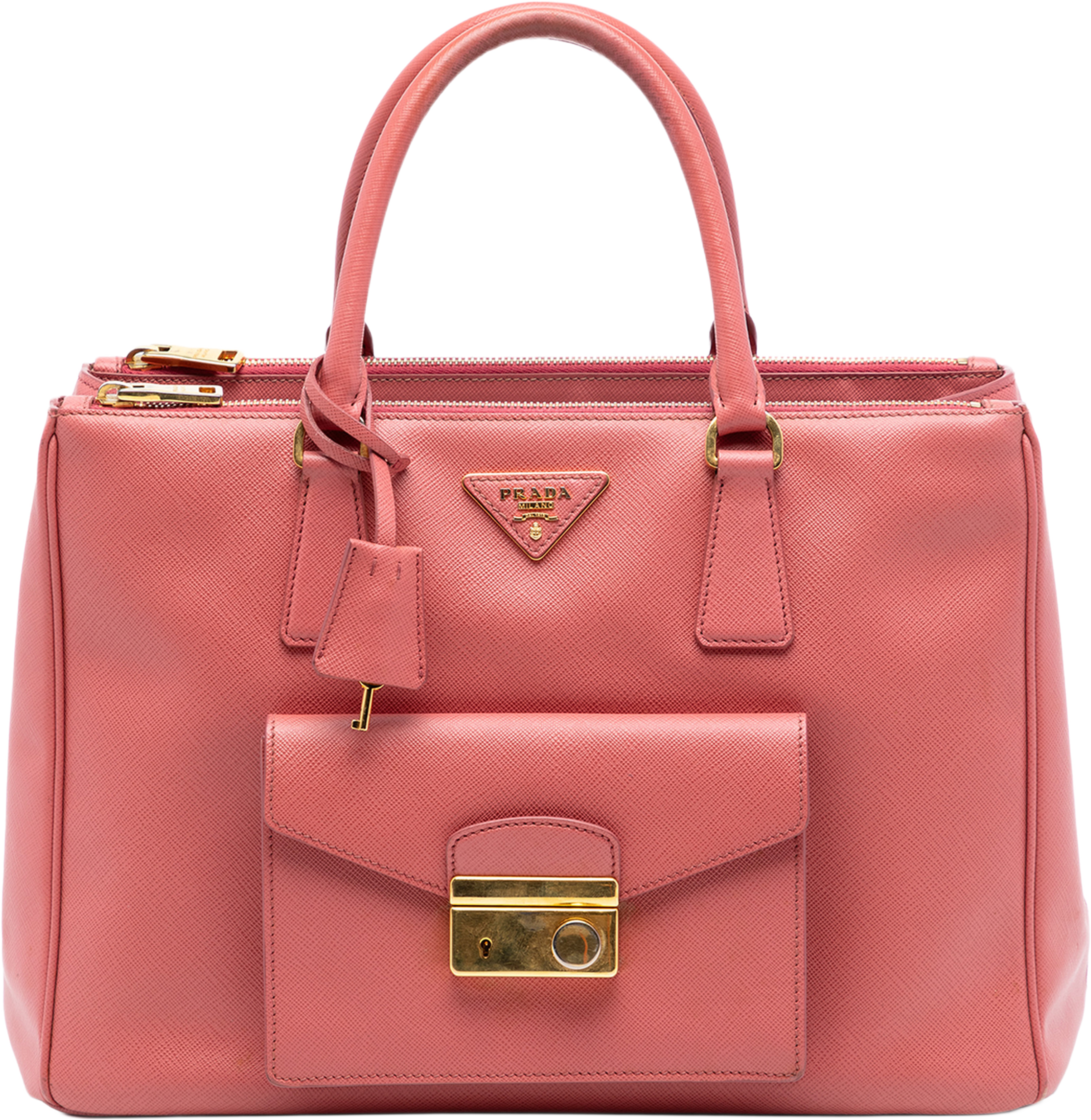 Prada Saffiano Lux Galleria Double Zip Front Pocket Satchel, från Luxclusif, i färgen blush. Klicka för att öppna bilden i stort format