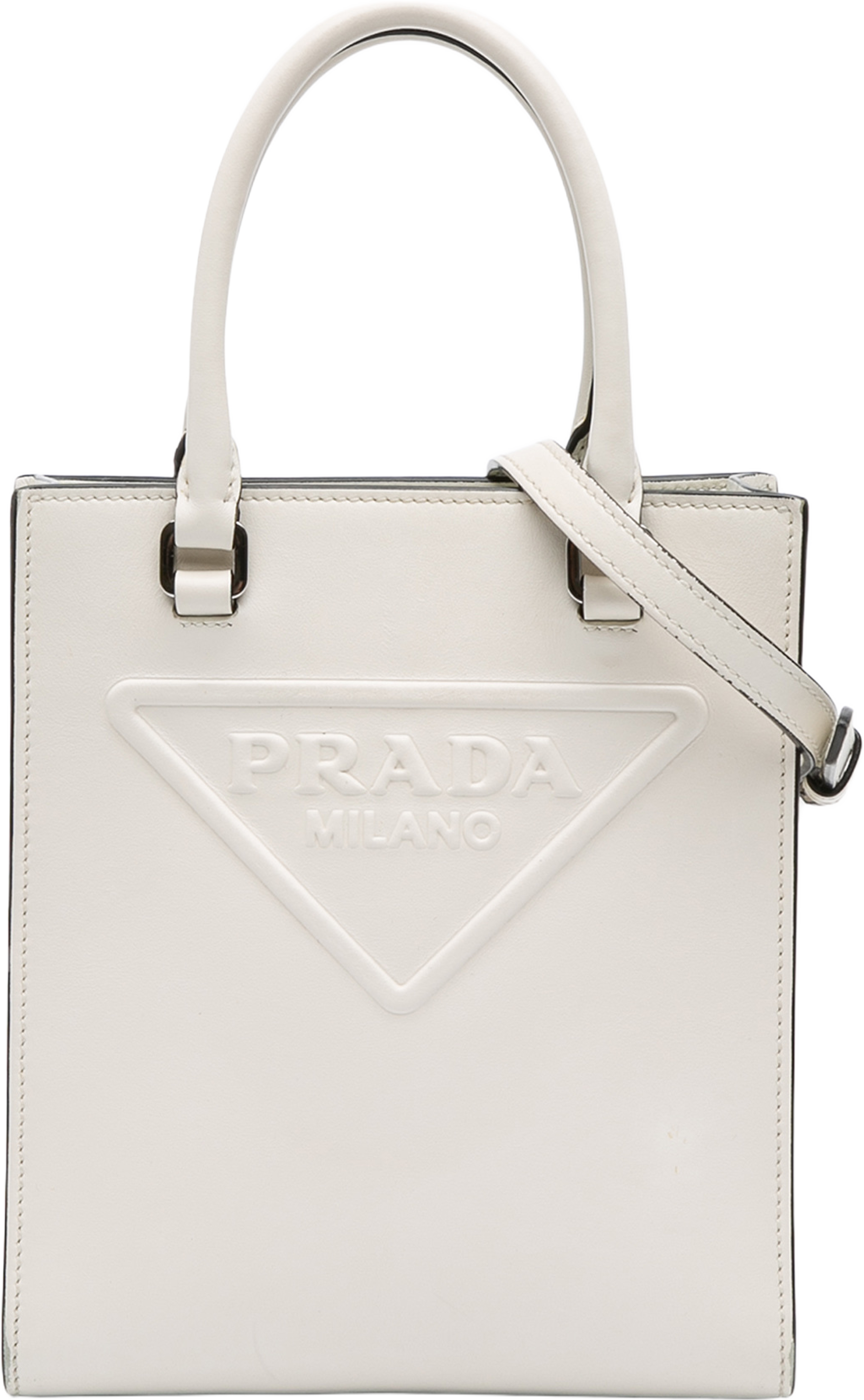 Prada Mini Soft Calf Logo Drill Satchel, från Luxclusif, i färgen white. Klicka för att öppna bilden i stort format