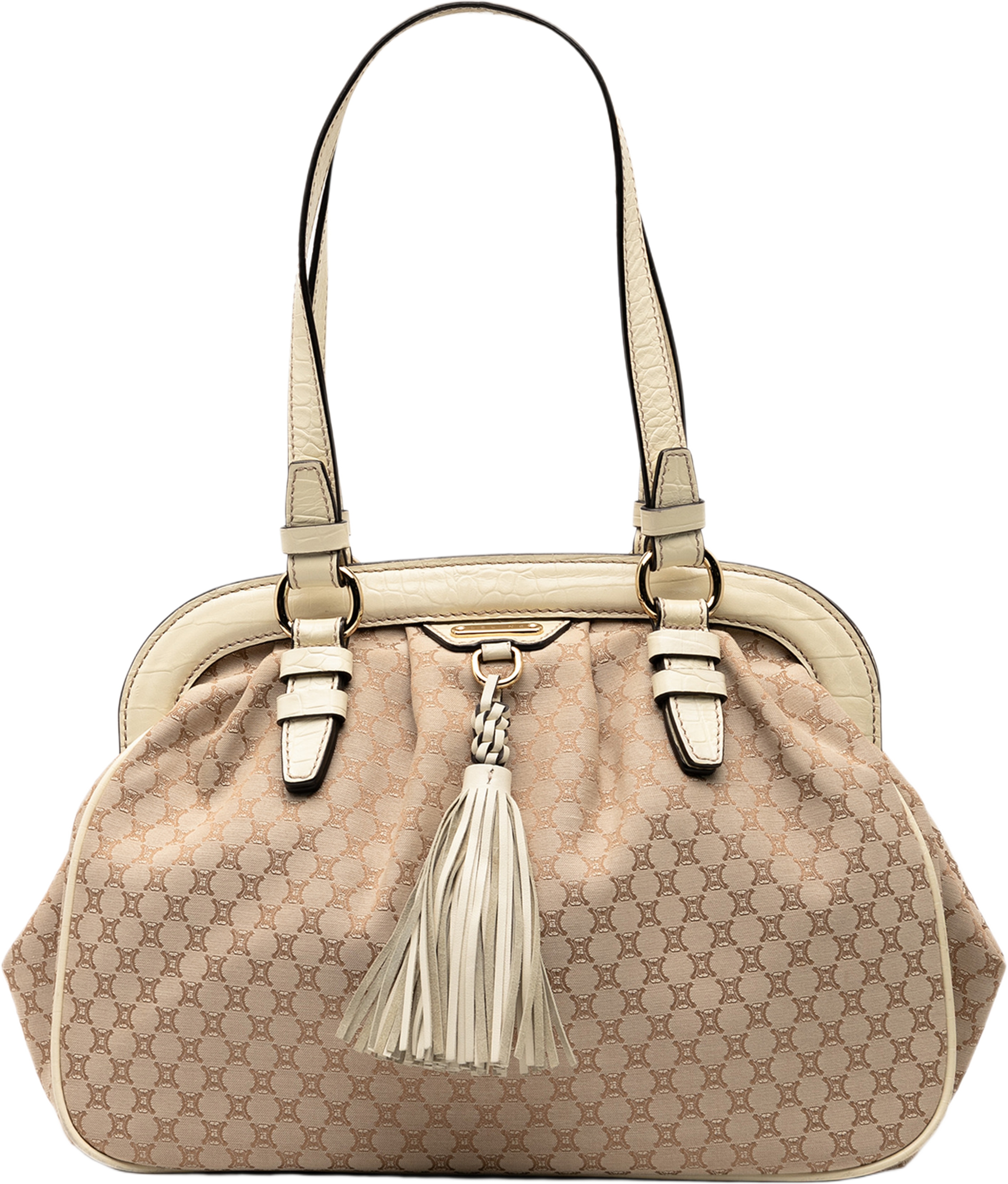 Celine Macadam Canvas Tassel Frame Satchel, från Luxclusif, i färgen beige. Klicka för att öppna bilden i stort format