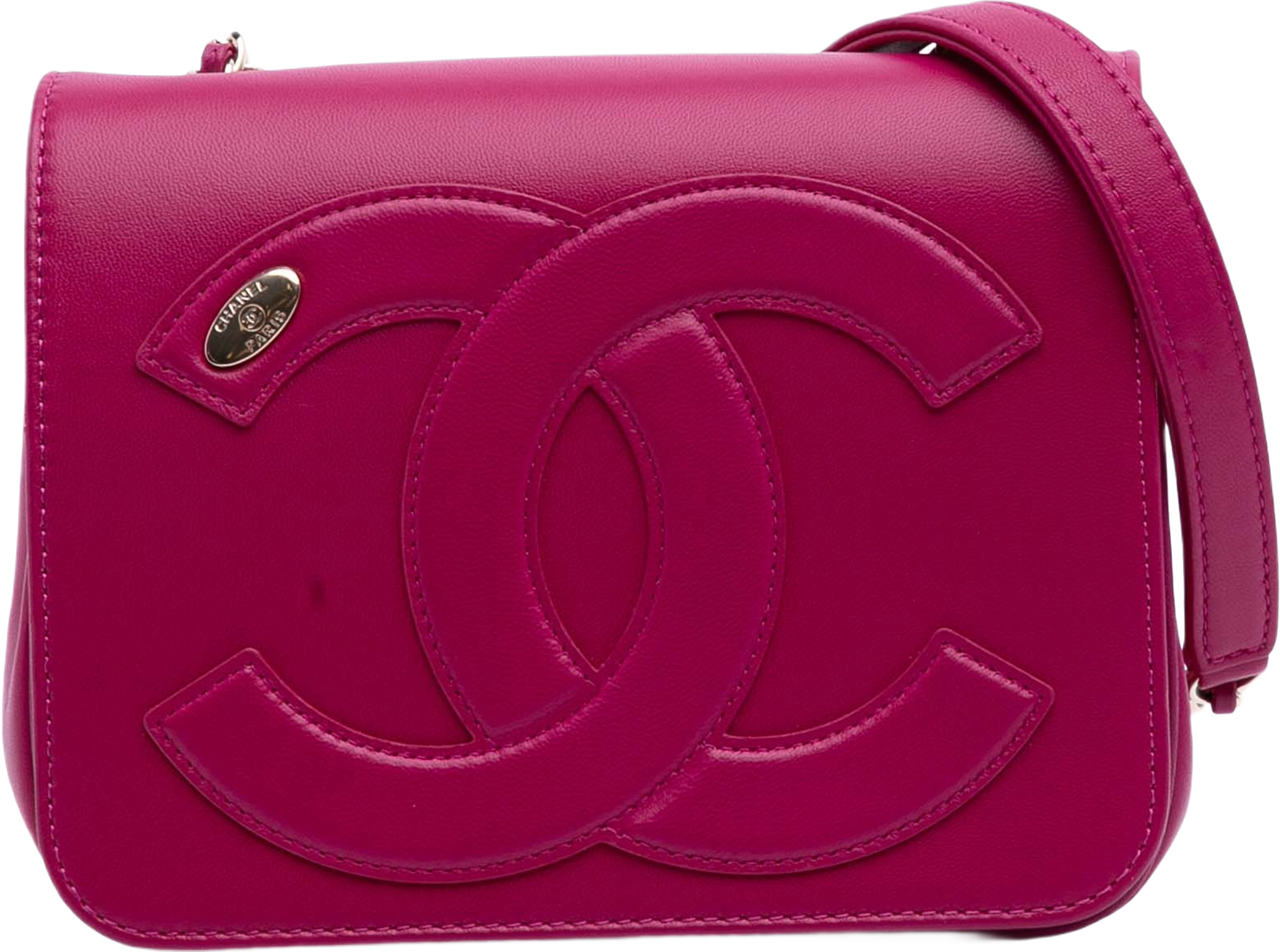 Chanel Lambskin Cc Mania Flap, från Luxclusif, i färgen hot pink. Klicka för att öppna bilden i stort format