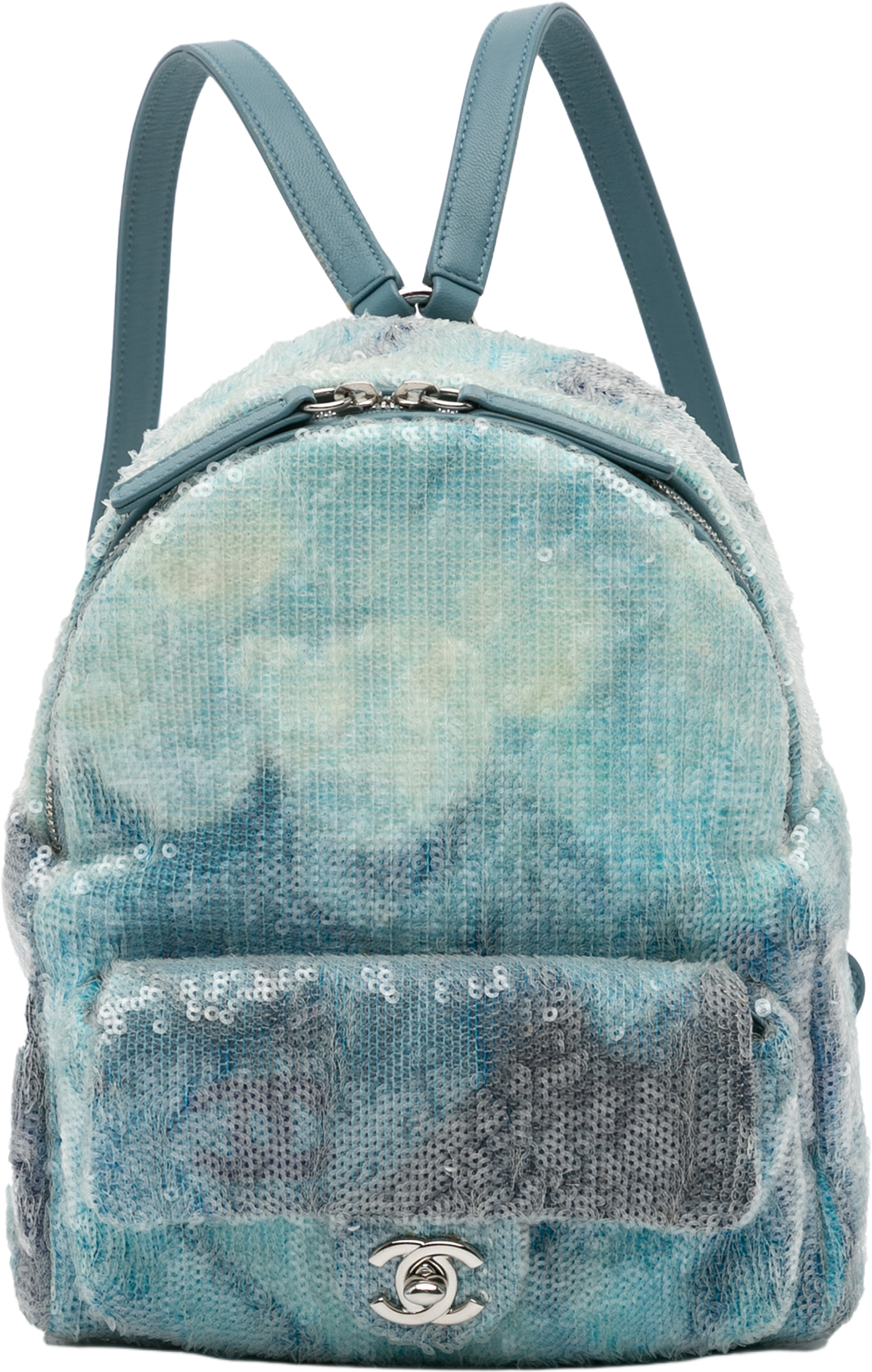 Chanel Mini Sequins And Lambskin Waterfall Backpack, från Luxclusif, i färgen light blue. Klicka för att öppna bilden i stort format