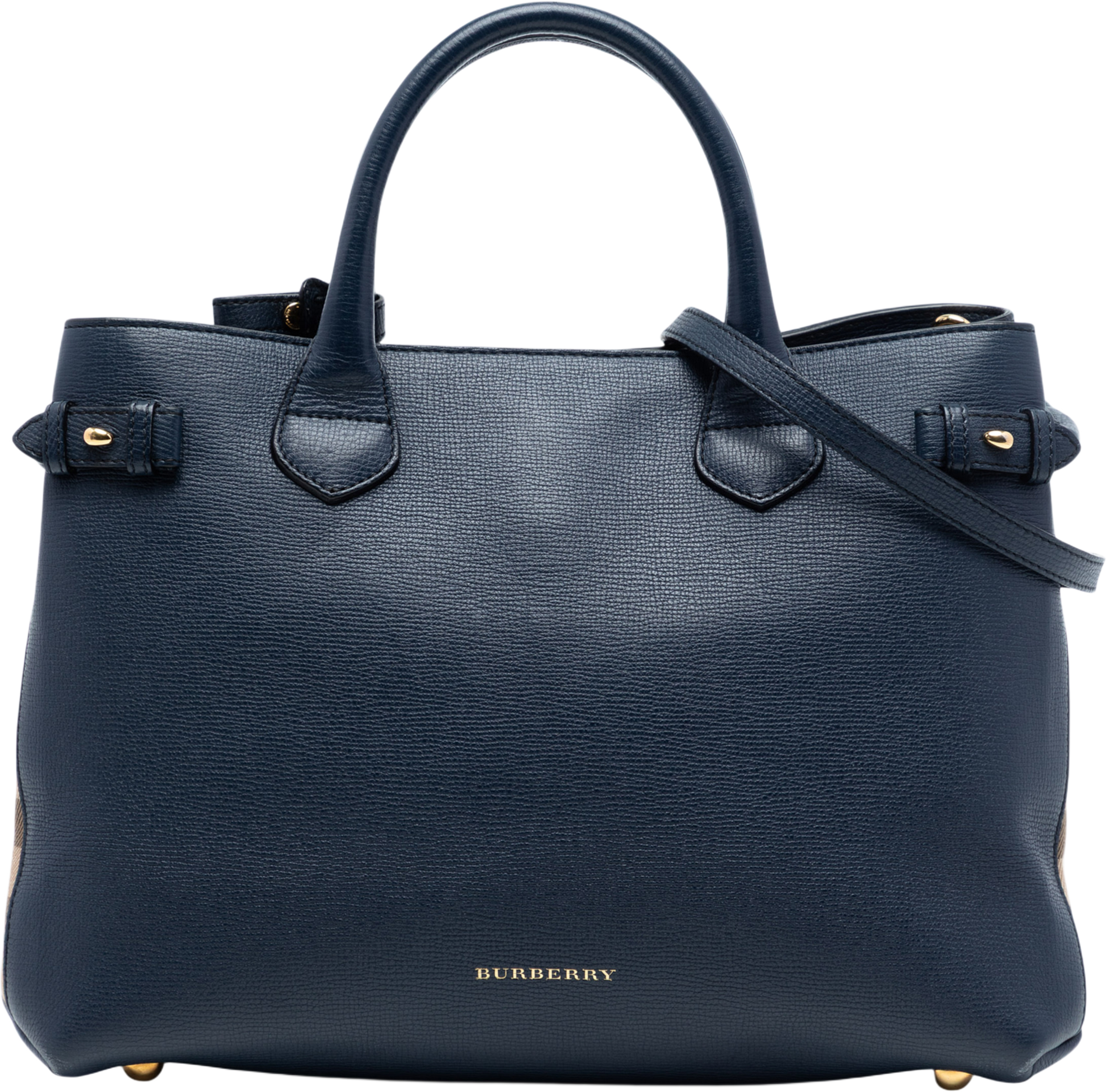 Burberry Medium Leather And House Check Banner Satchel, från Luxclusif, i färgen navy. Klicka för att öppna bilden i stort format