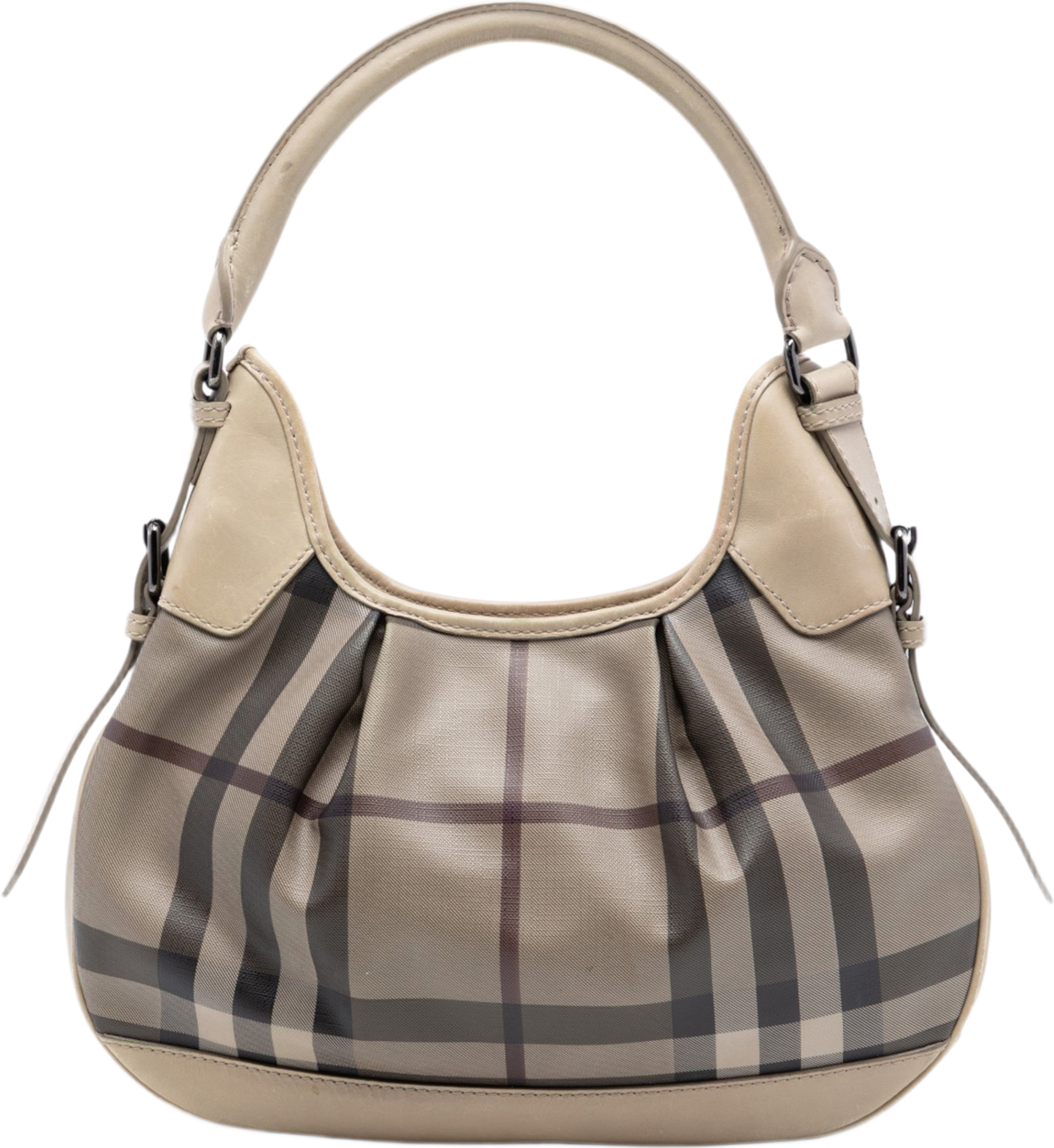 Burberry Smoked Check Coated Canvas Brooklyn Hobo, från Luxclusif, i färgen beige. Klicka för att öppna bilden i stort format