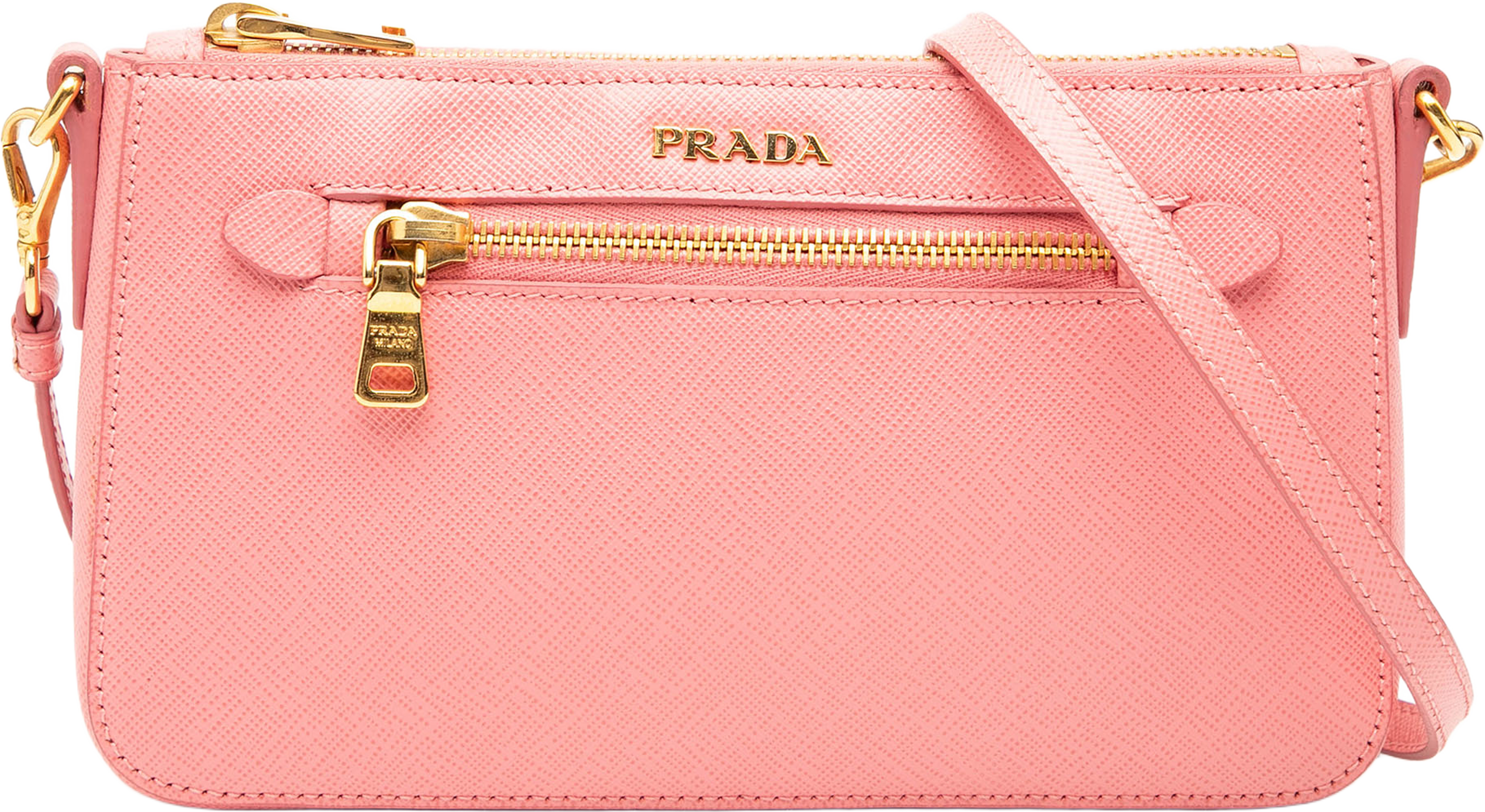 Prada Saffiano Lux Front Pocket Crossbody, från Luxclusif, i färgen pink. Klicka för att öppna bilden i stort format