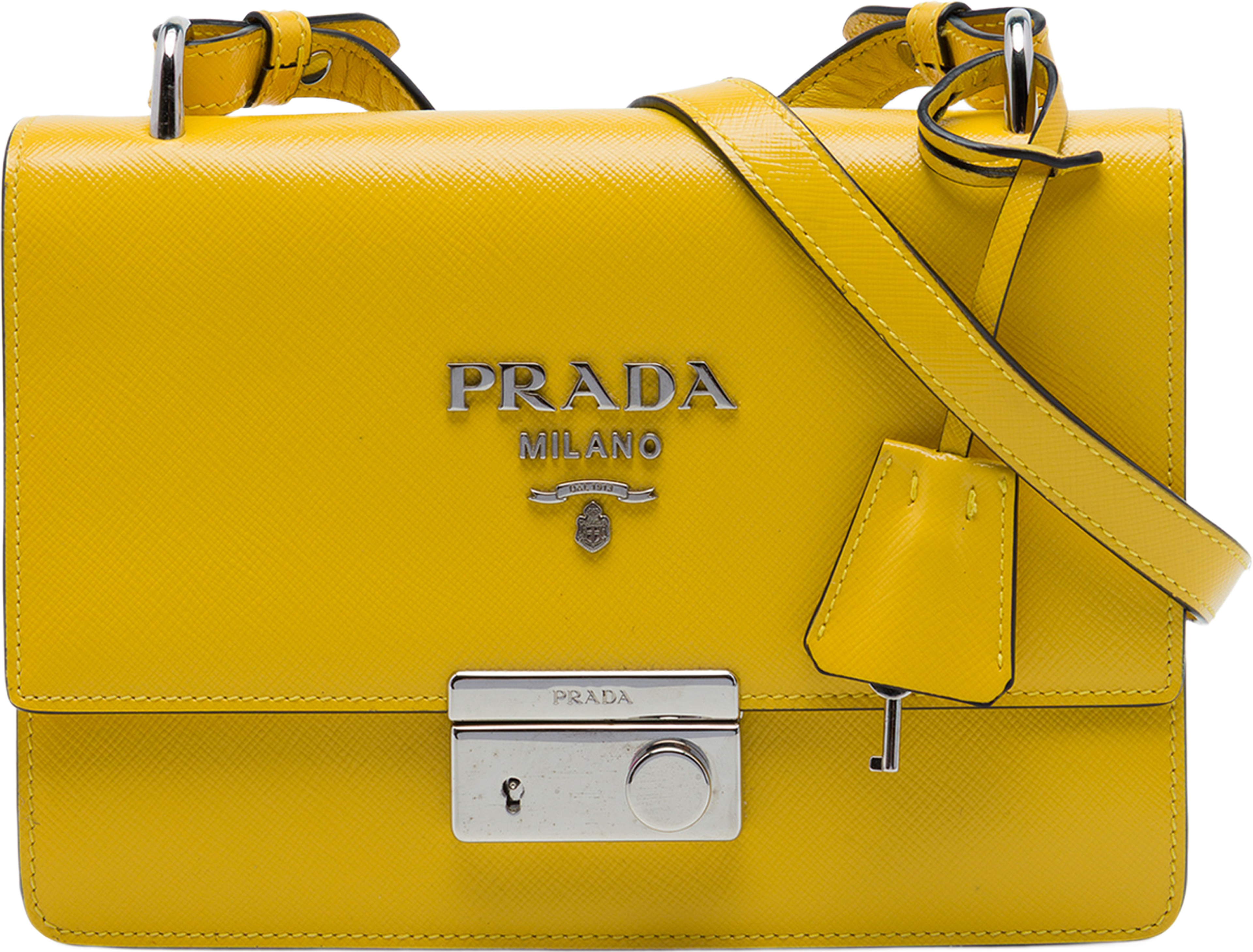 Prada Saffiano Lux Sound Lock Crossbody, från Luxclusif, i färgen gul. Klicka för att öppna bilden i stort format