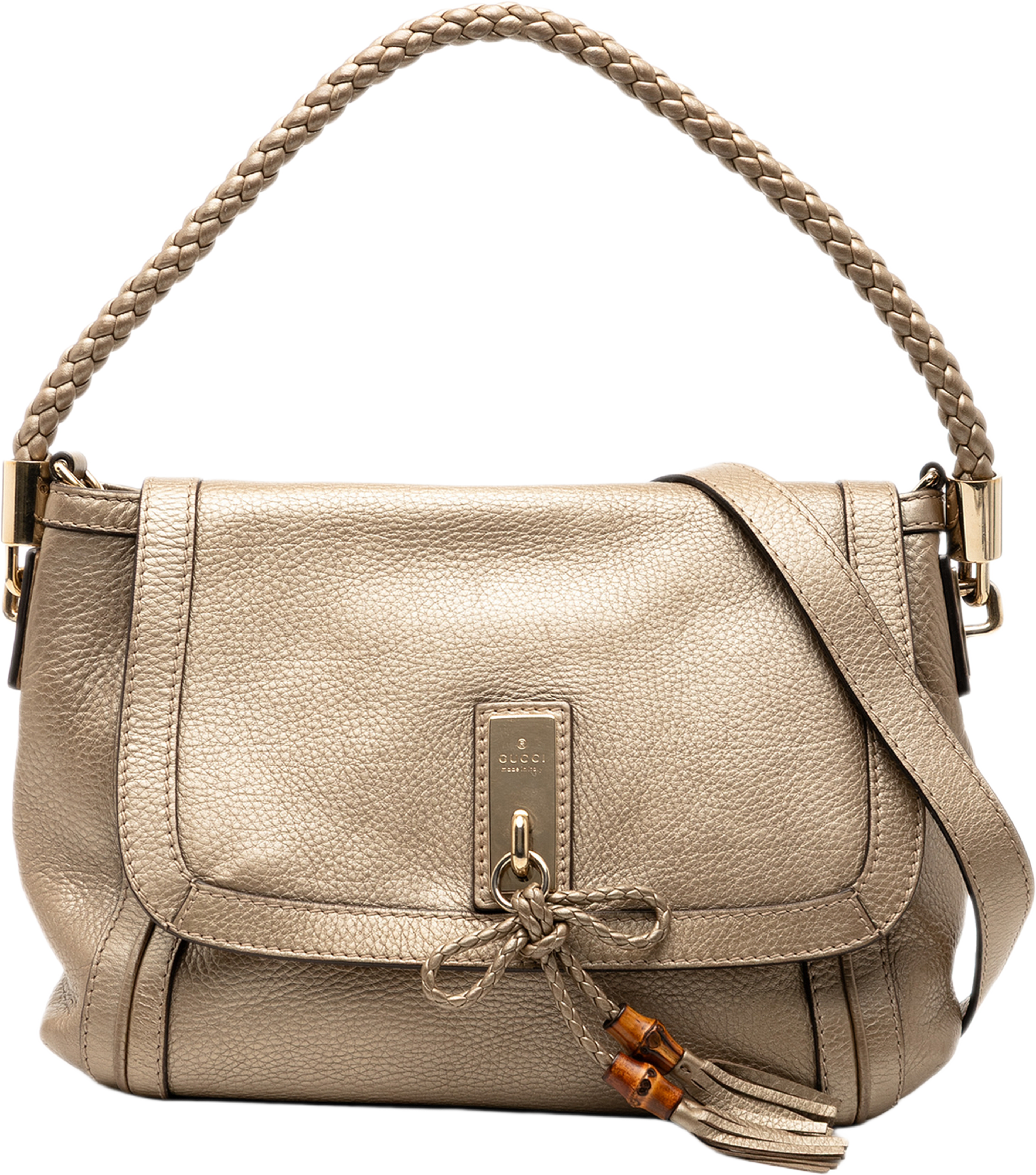 Gucci Leather Bella Satchel, från Luxclusif, i färgen gold. Klicka för att öppna bilden i stort format