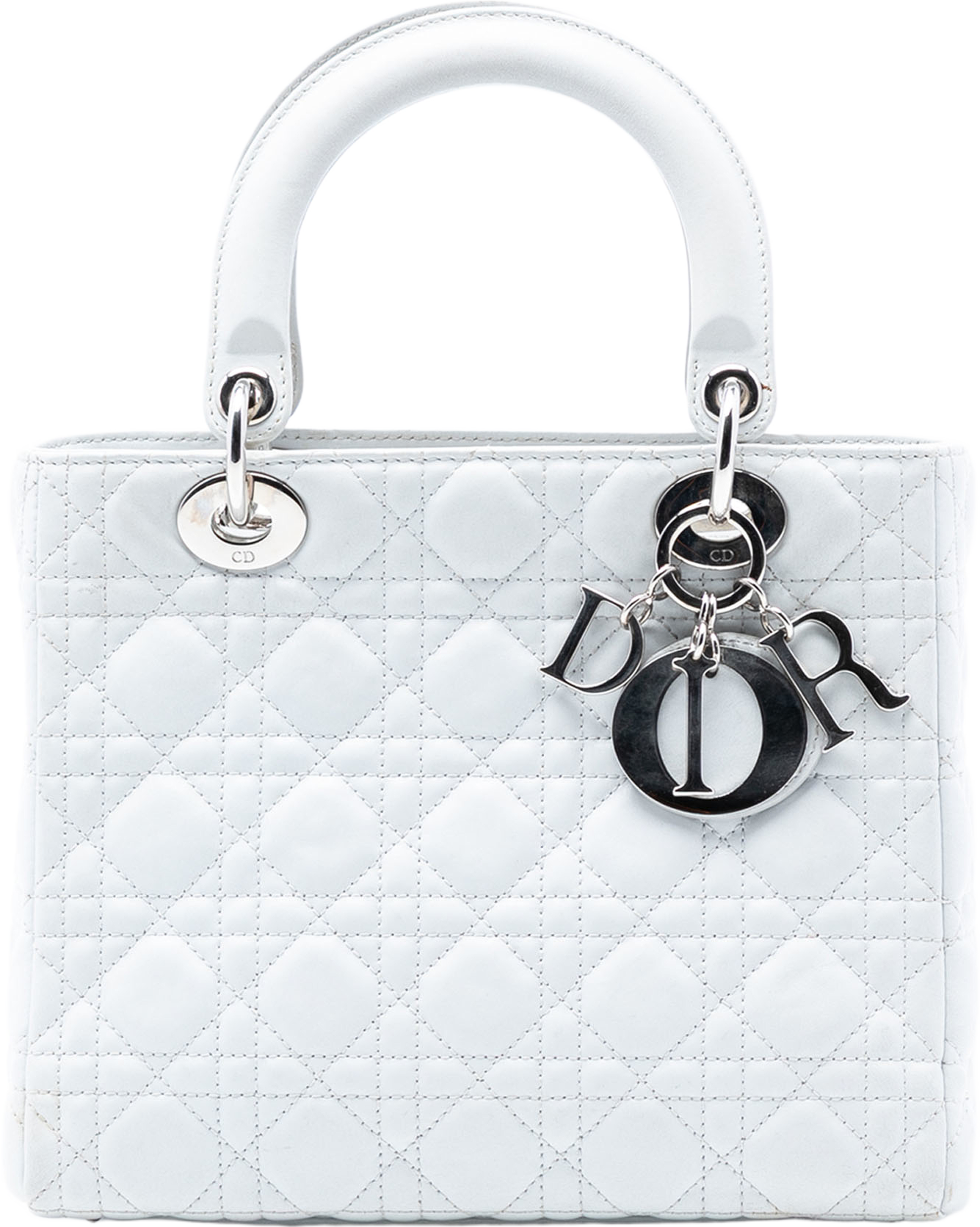 Dior Medium Lambskin Cannage Lady Dior, från Luxclusif, i färgen white. Klicka för att öppna bilden i stort format