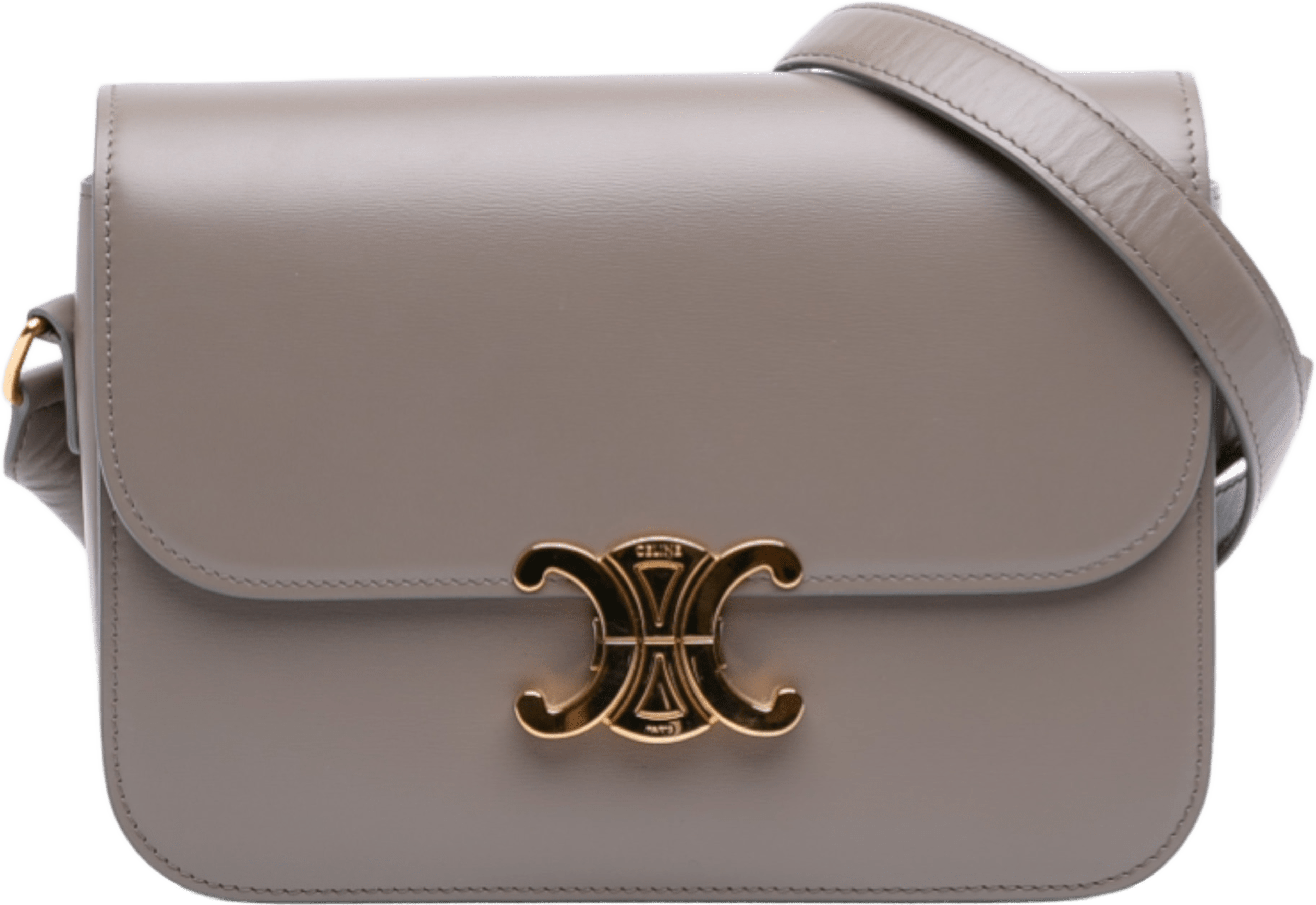 Celine Classique Shiny Calfskin Triomphe Crossbody, från Luxclusif, i färgen taupe. Klicka för att öppna bilden i stort format