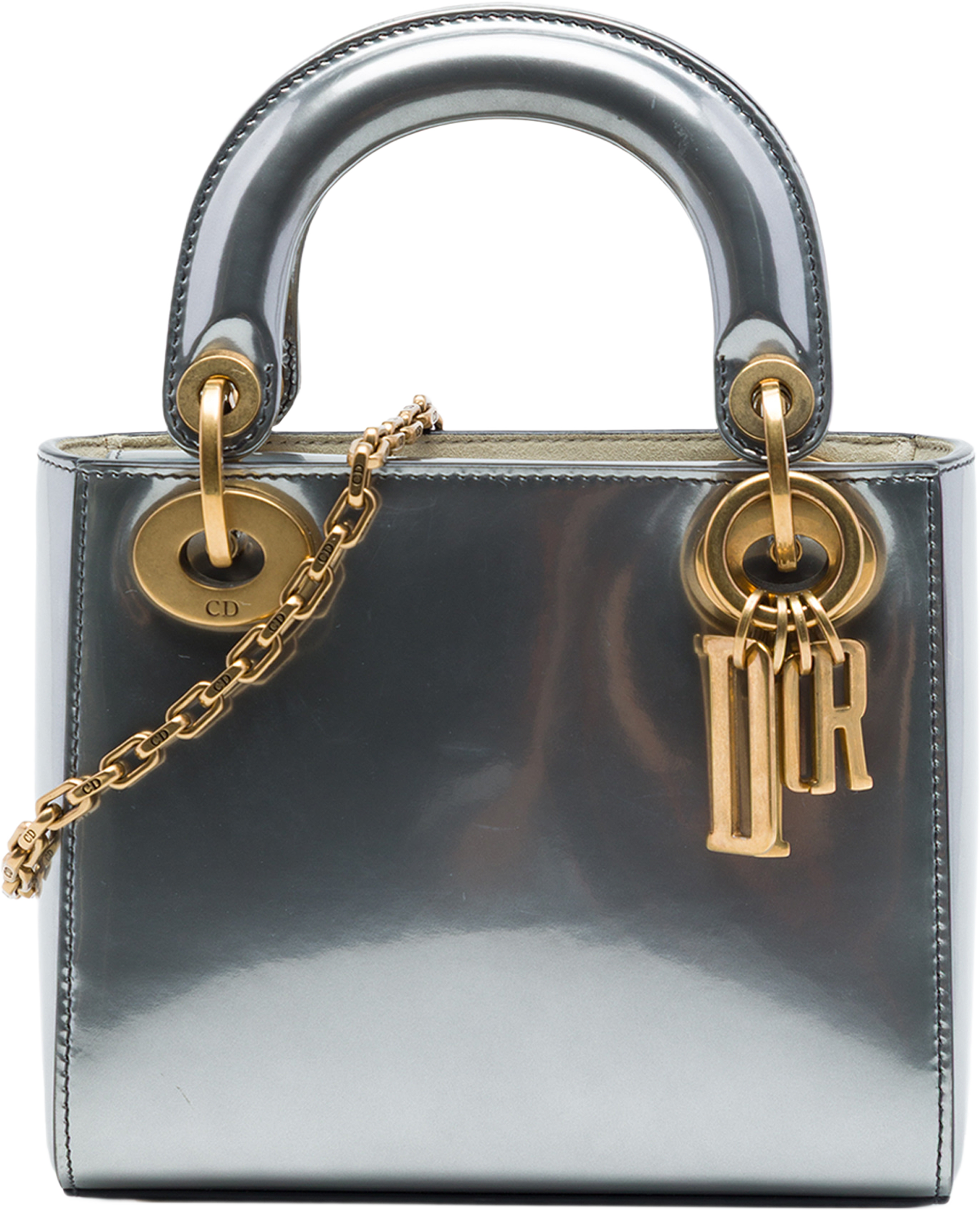 Dior Mini Metallic Patent Lady Dior, från Luxclusif, i färgen silver. Klicka för att öppna bilden i stort format