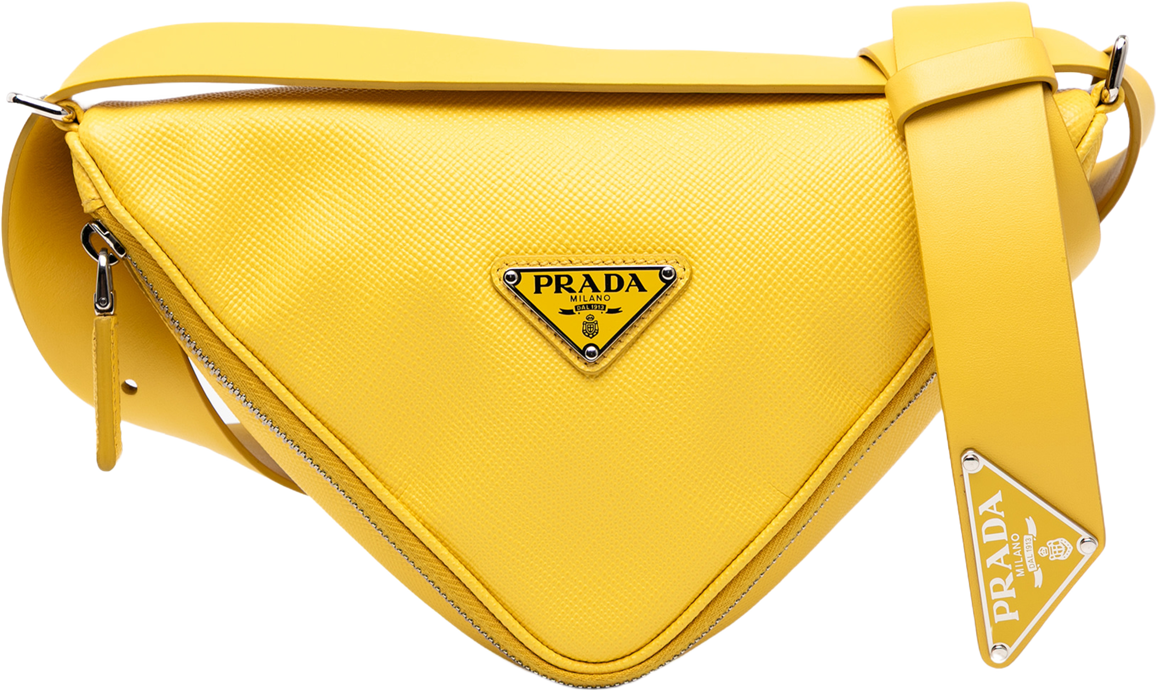 Prada Saffiano Triangle Convertible Shoulder Bag, från Luxclusif, i färgen yellow. Klicka för att öppna bilden i stort format