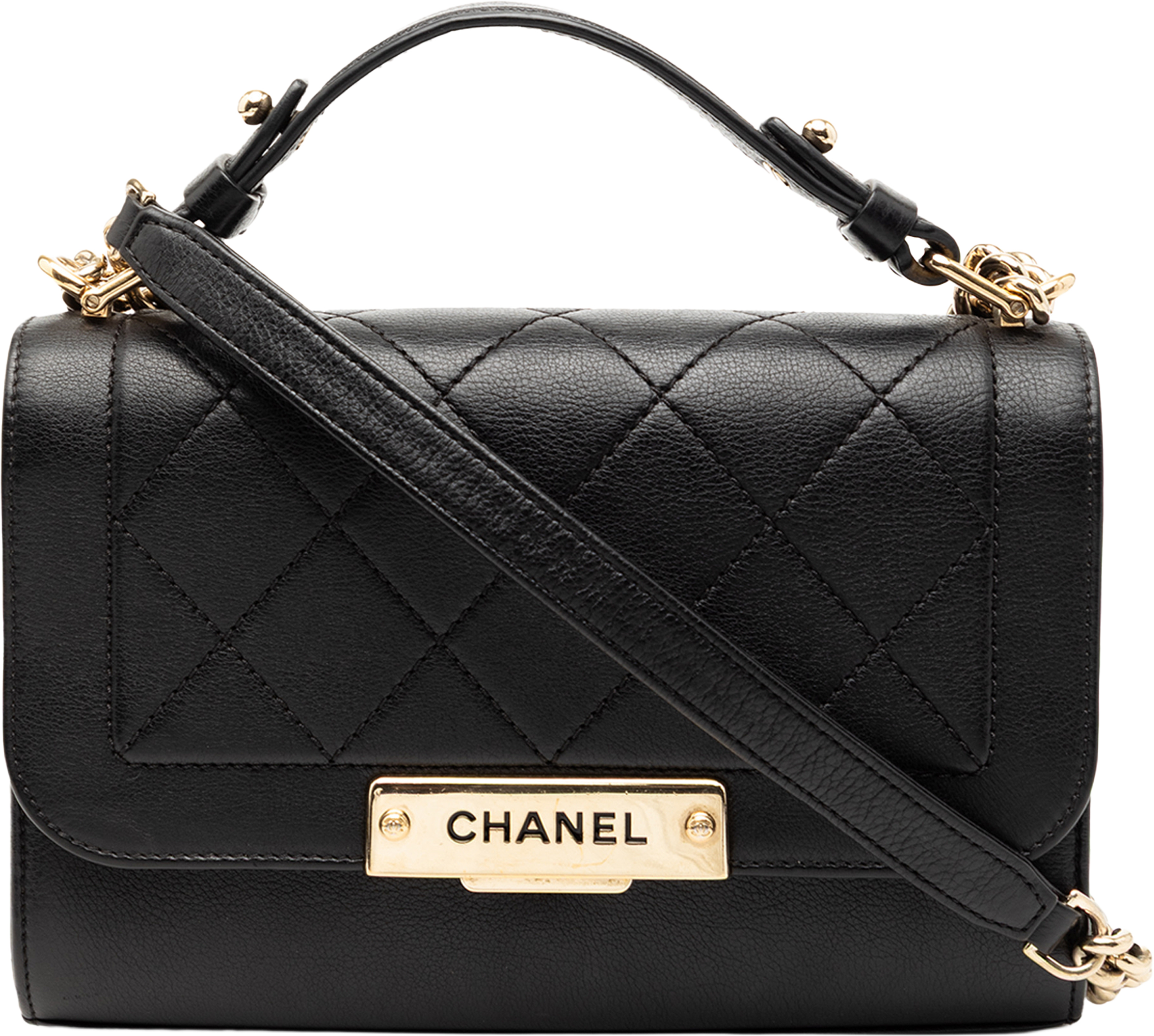 Chanel Small Quilted Grained Calfskin Label Click Flap, från Luxclusif, i färgen black. Klicka för att öppna bilden i stort format