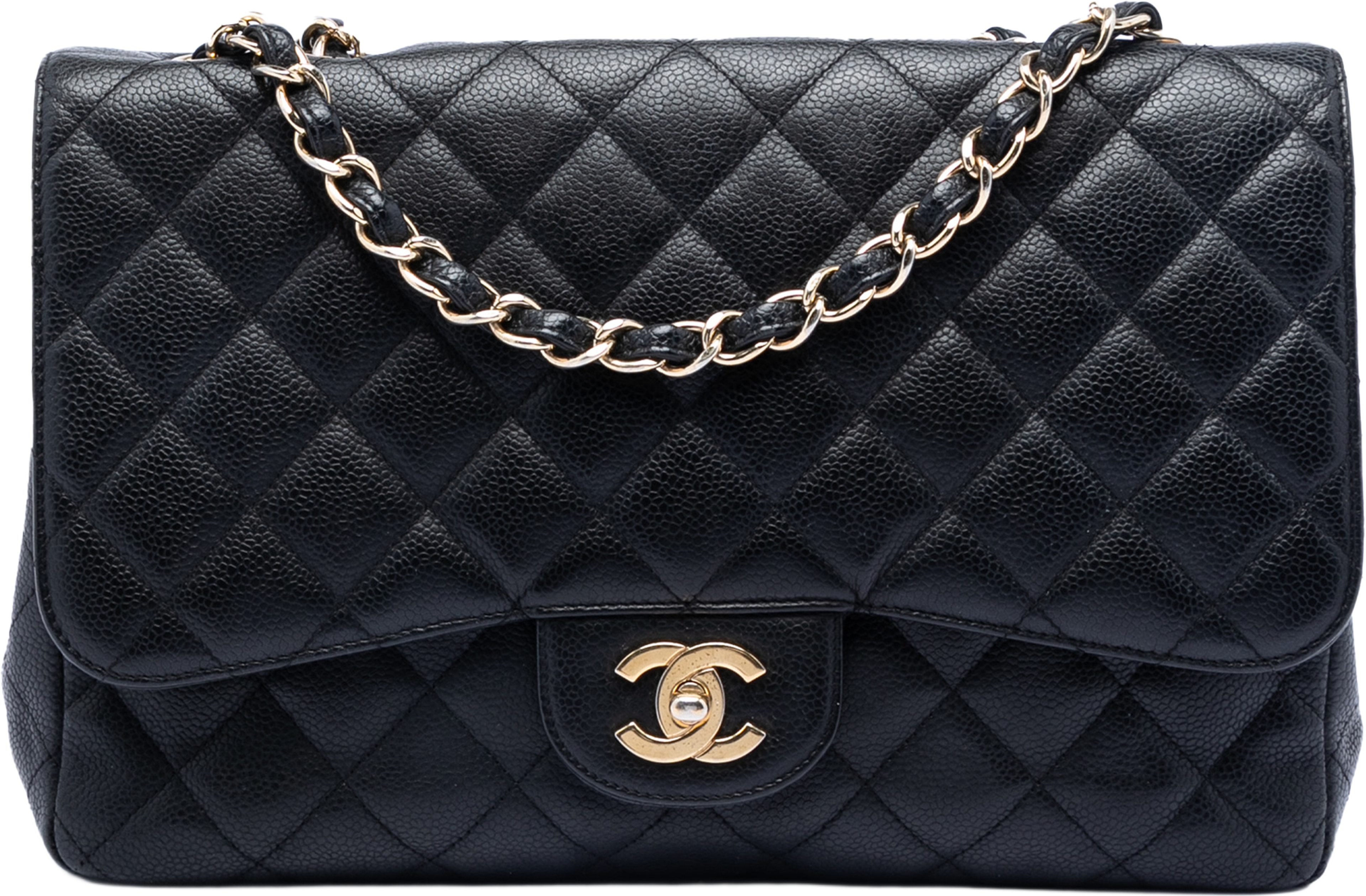 Chanel Jumbo Classic Caviar Double Flap, från Luxclusif, i färgen black. Klicka för att öppna bilden i stort format