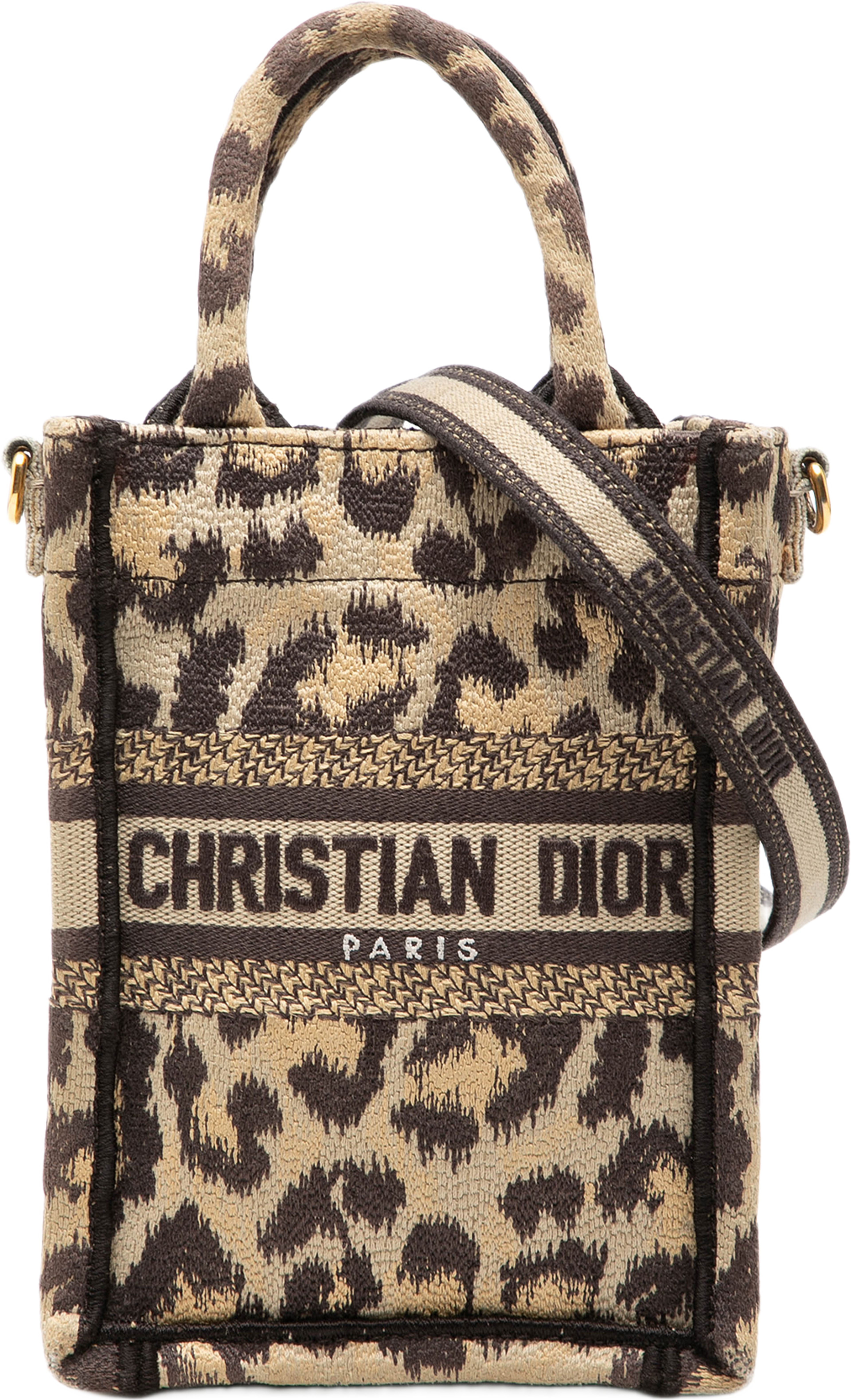 Dior Mizza Mini Embroidered Canvas Leopard Vertical Book Tote, från Luxclusif, i färgen beige. Klicka för att öppna bilden i stort format
