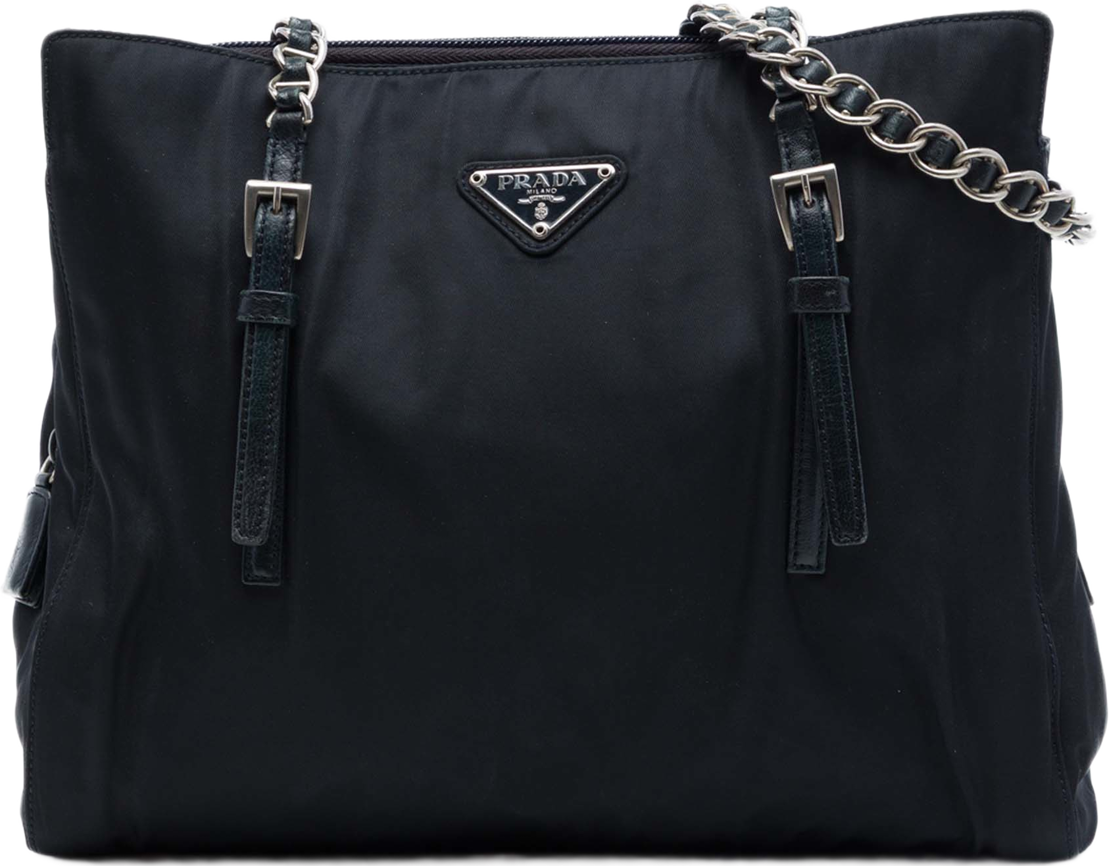Prada Tessuto Chain Tote, från Luxclusif, i färgen svart. Klicka för att öppna bilden i stort format
