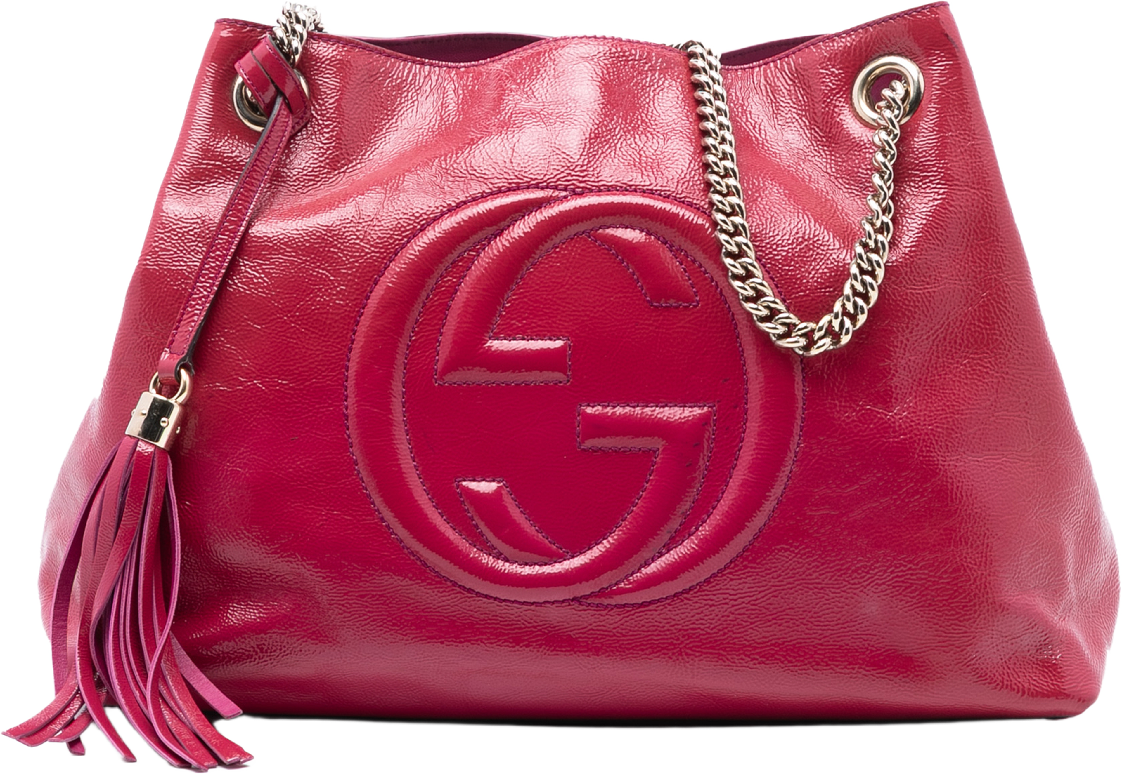 Gucci Medium Patent Soho Chain Tote, från Luxclusif, i färgen dark pink. Klicka för att öppna bilden i stort format