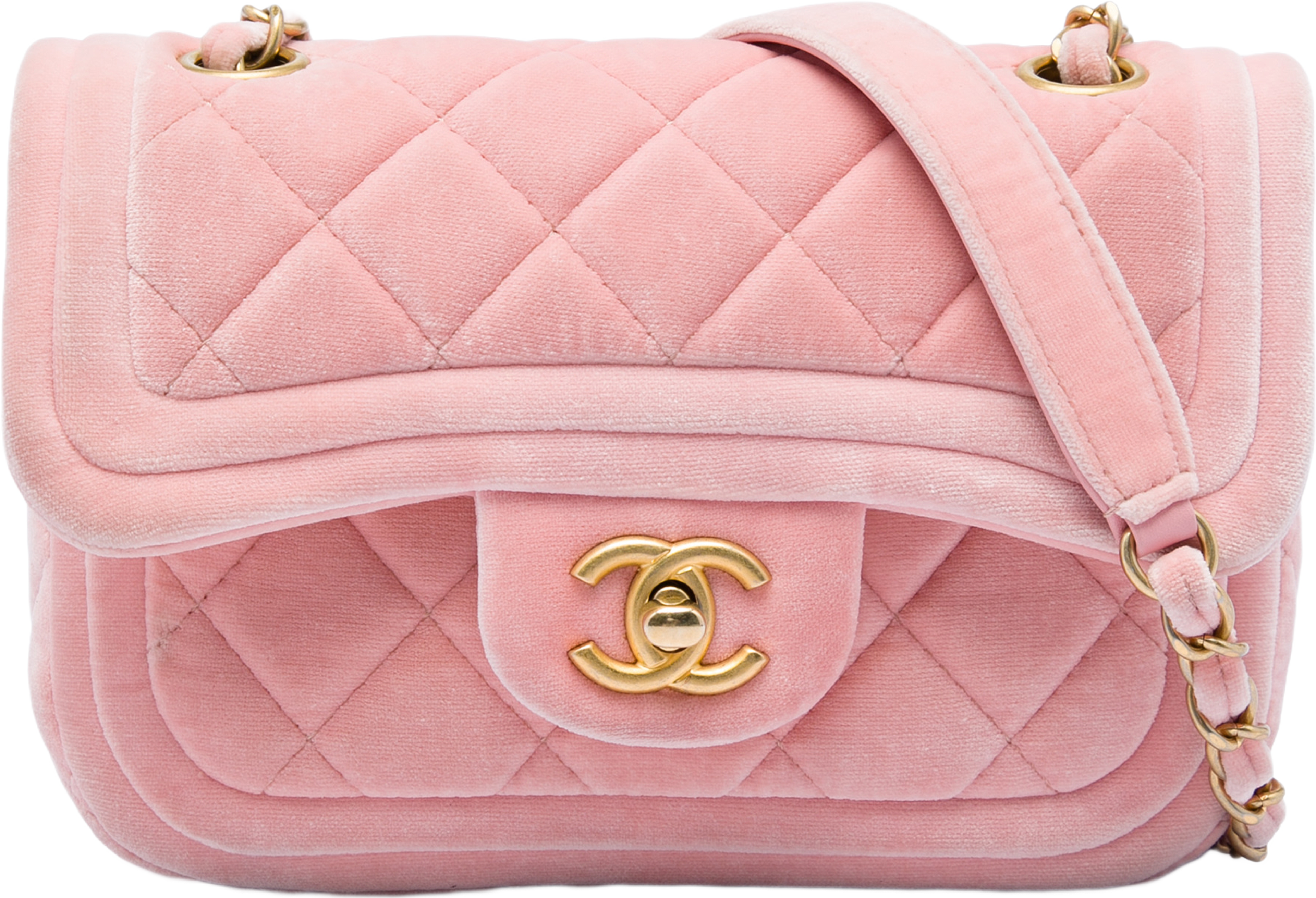 Chanel Mini Quilted Velvet Double Frame Flap, från Luxclusif, i färgen rosa. Klicka för att öppna bilden i stort format