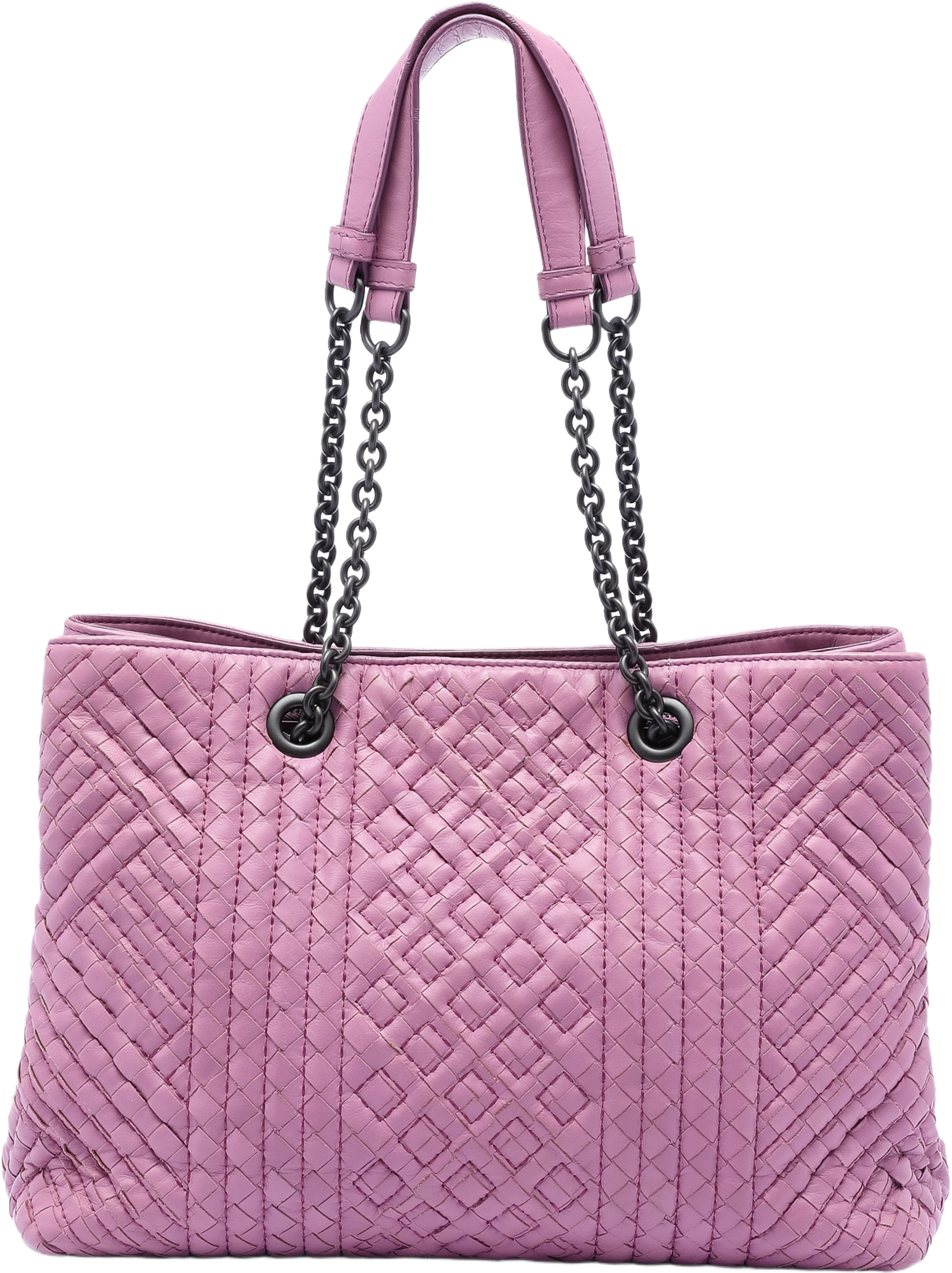 Bottega Veneta Medium Nappa Intrecciato Boutis Double Chain Tote, från Luxclusif, i färgen pink. Klicka för att öppna bilden i stort format