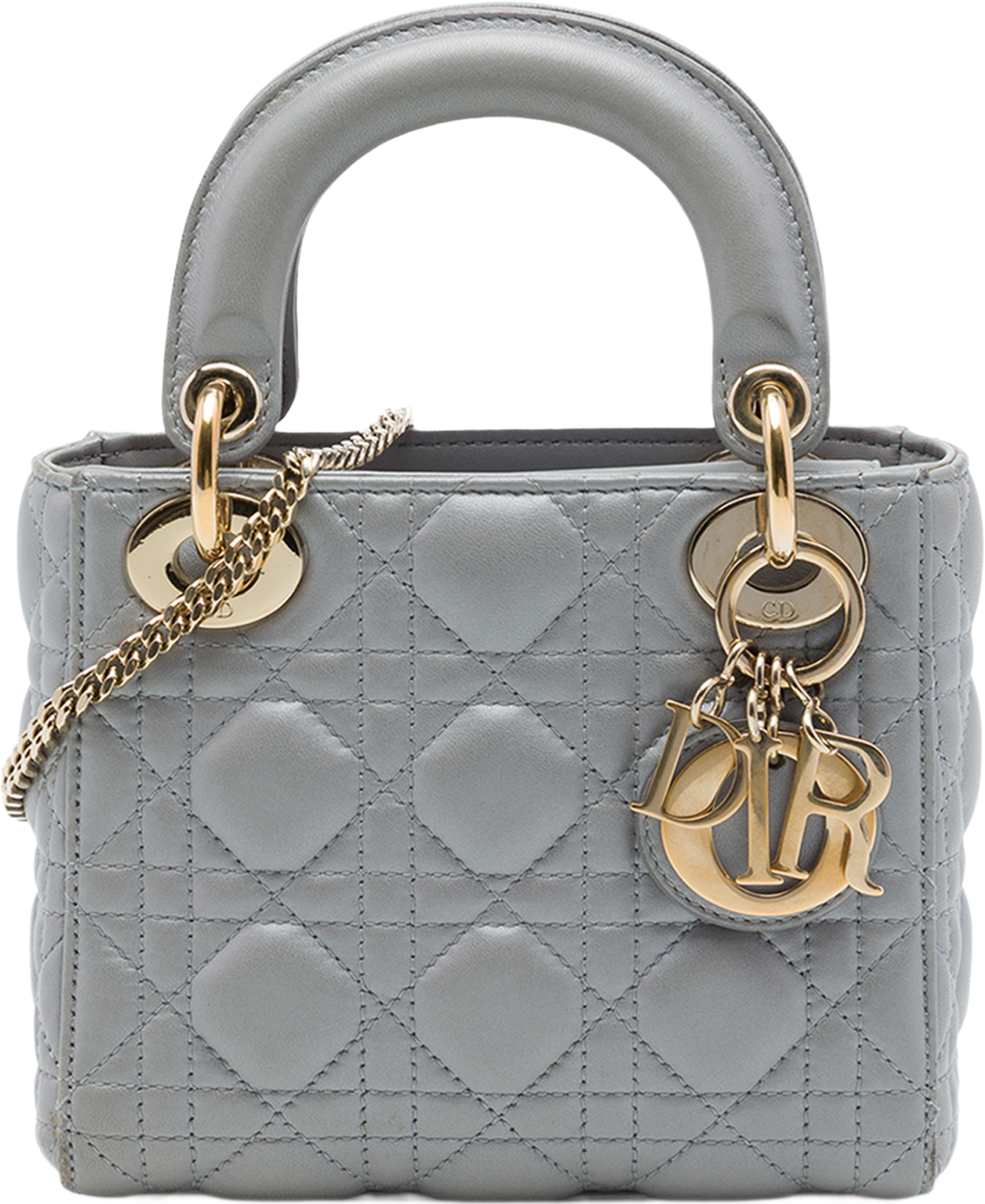 Dior Mini Metallic Lambskin Cannage Lady Dior, från Luxclusif, i färgen grå. Klicka för att öppna bilden i stort format