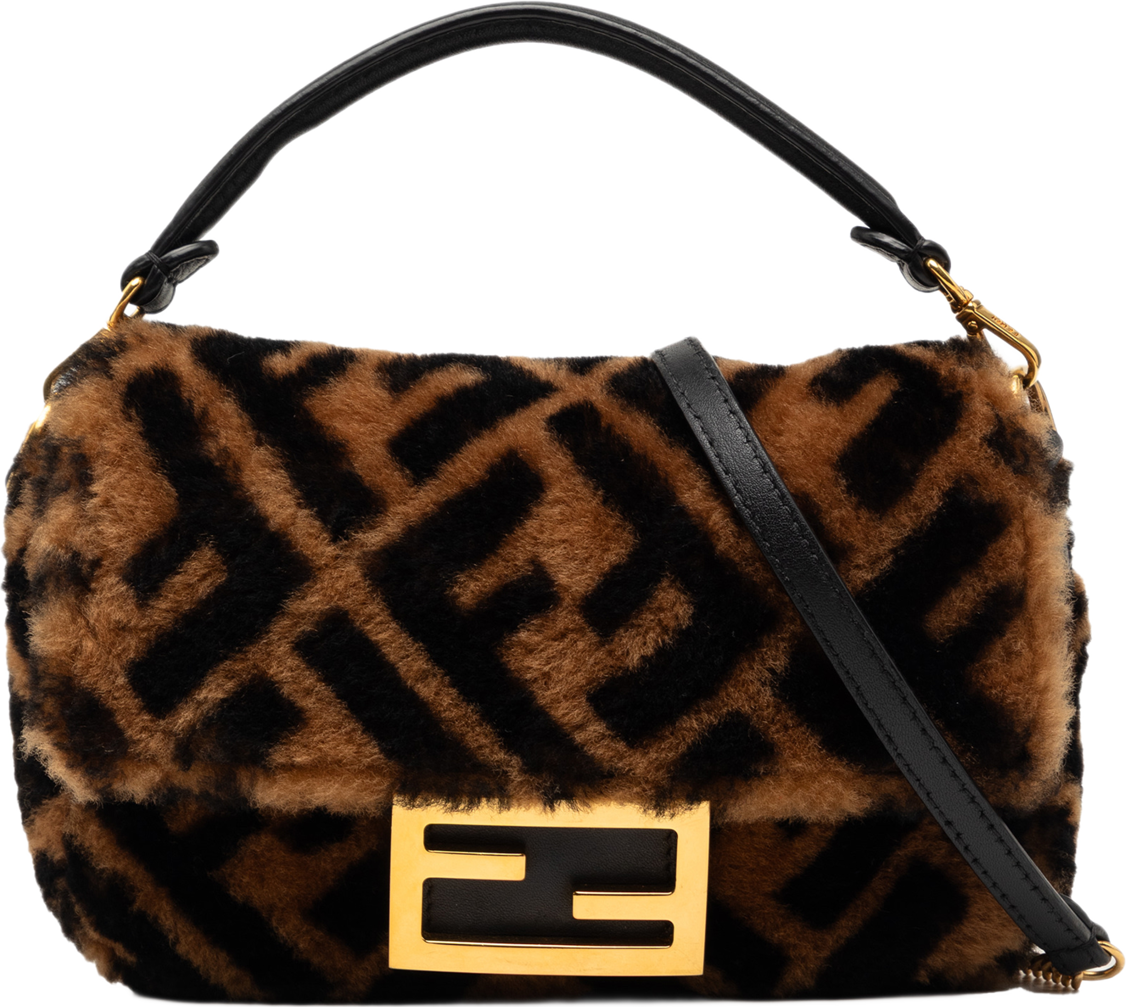Fendi Mini Zucca Shearling Chain Baguette Satchel, från Luxclusif, i färgen brown. Klicka för att öppna bilden i stort format