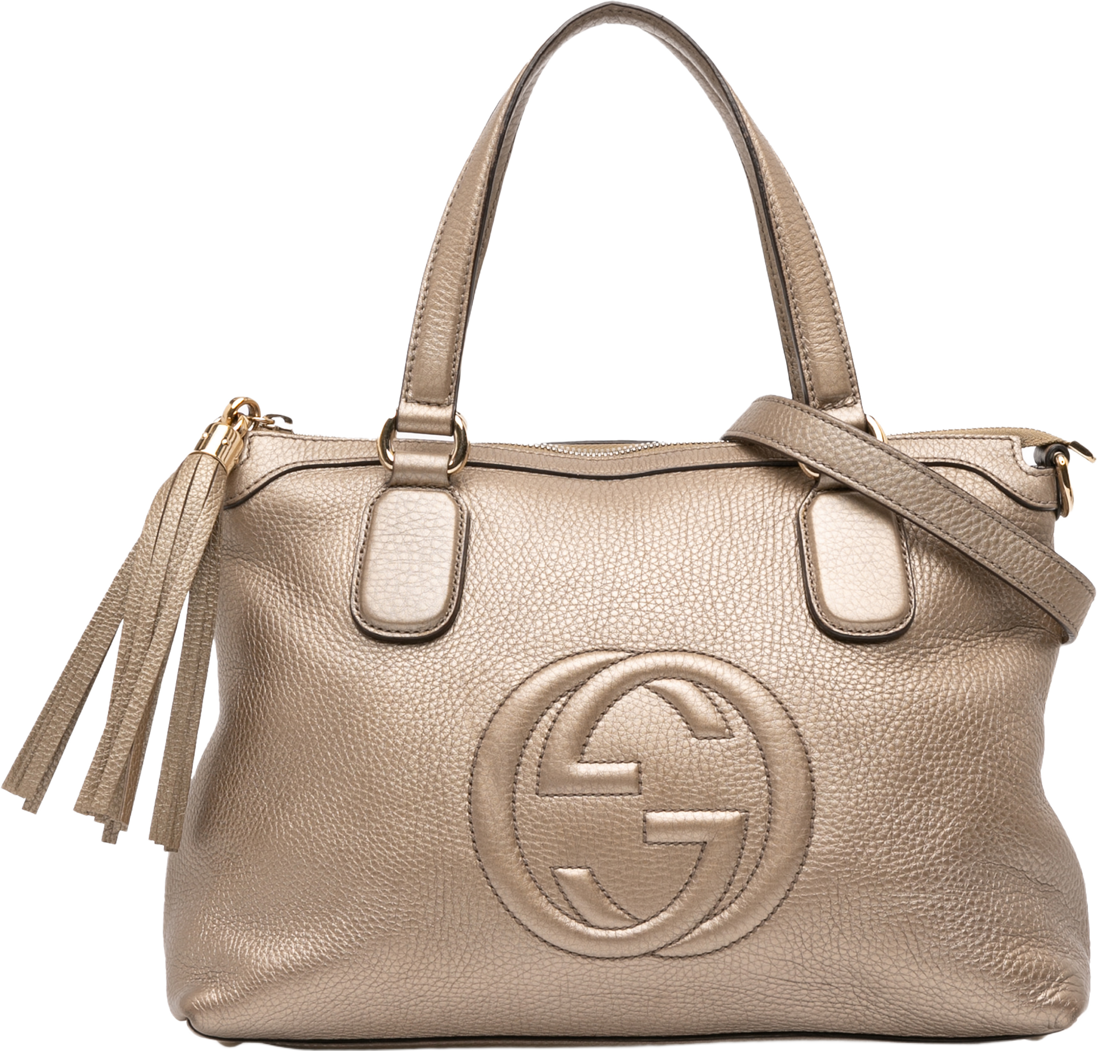 Gucci Small Metallic Leather Soho Working Satchel, från Luxclusif, i färgen gold. Klicka för att öppna bilden i stort format