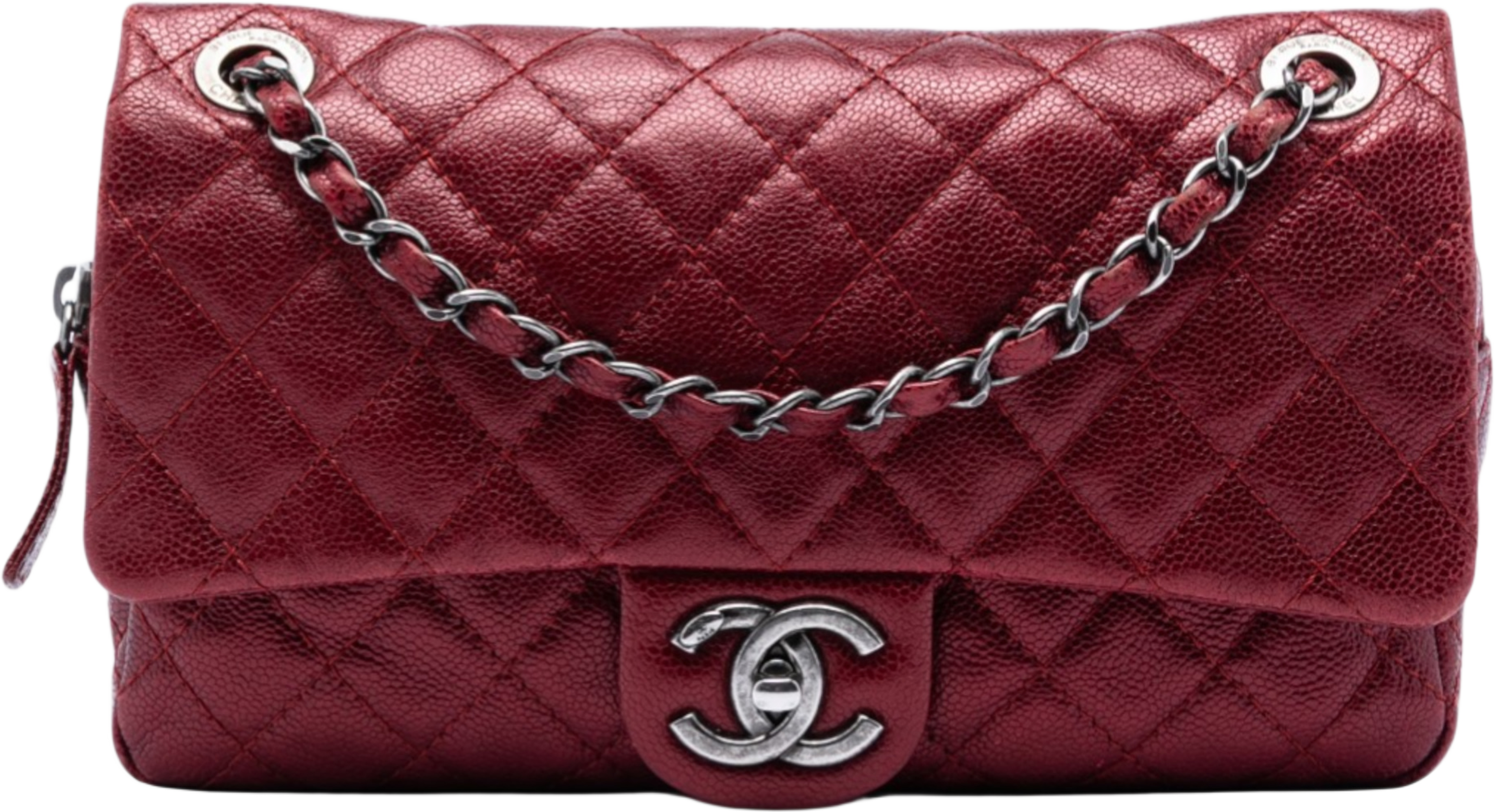 Chanel Medium Quilted Iridescent Caviar Easy Flap, från Luxclusif, i färgen dark red. Klicka för att öppna bilden i stort format