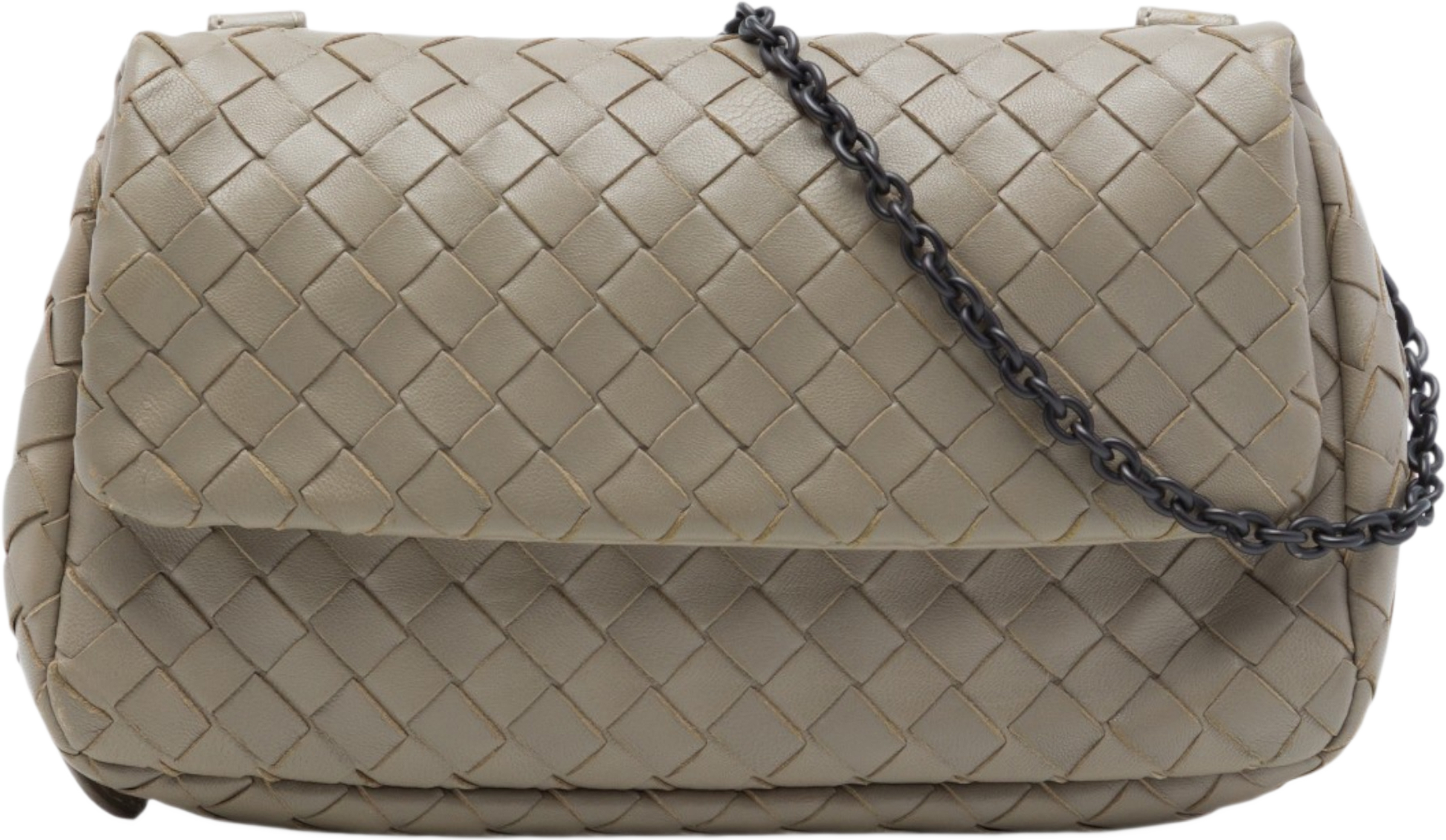 Bottega Veneta Mini Nappa Intrecciato Expandable Chain Flap Crossbody, från Luxclusif, i färgen beige. Klicka för att öppna bilden i stort format