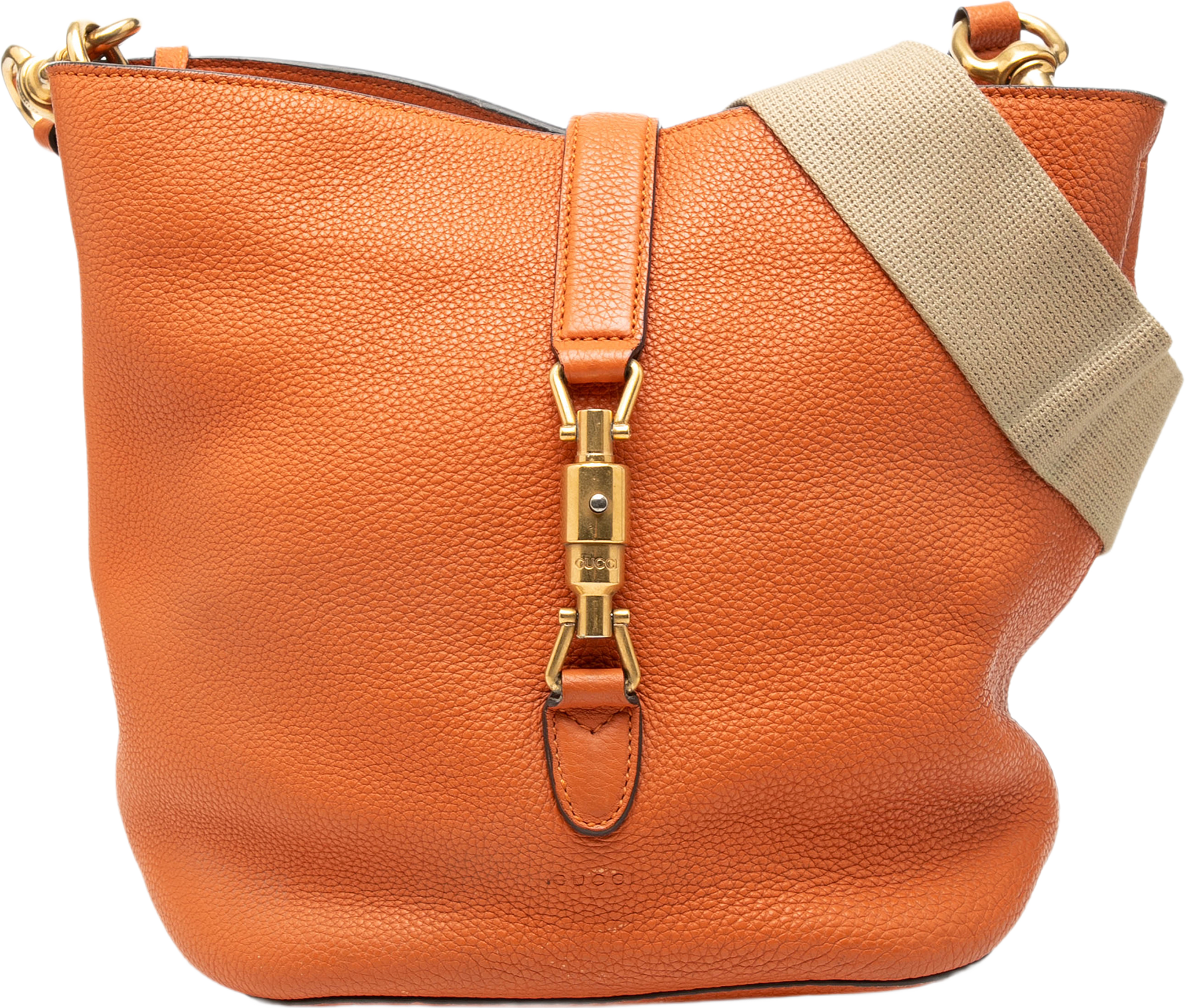 Gucci Grained Calfskin Soft Jackie Bucket Bag, från Luxclusif, i färgen orange. Klicka för att öppna bilden i stort format