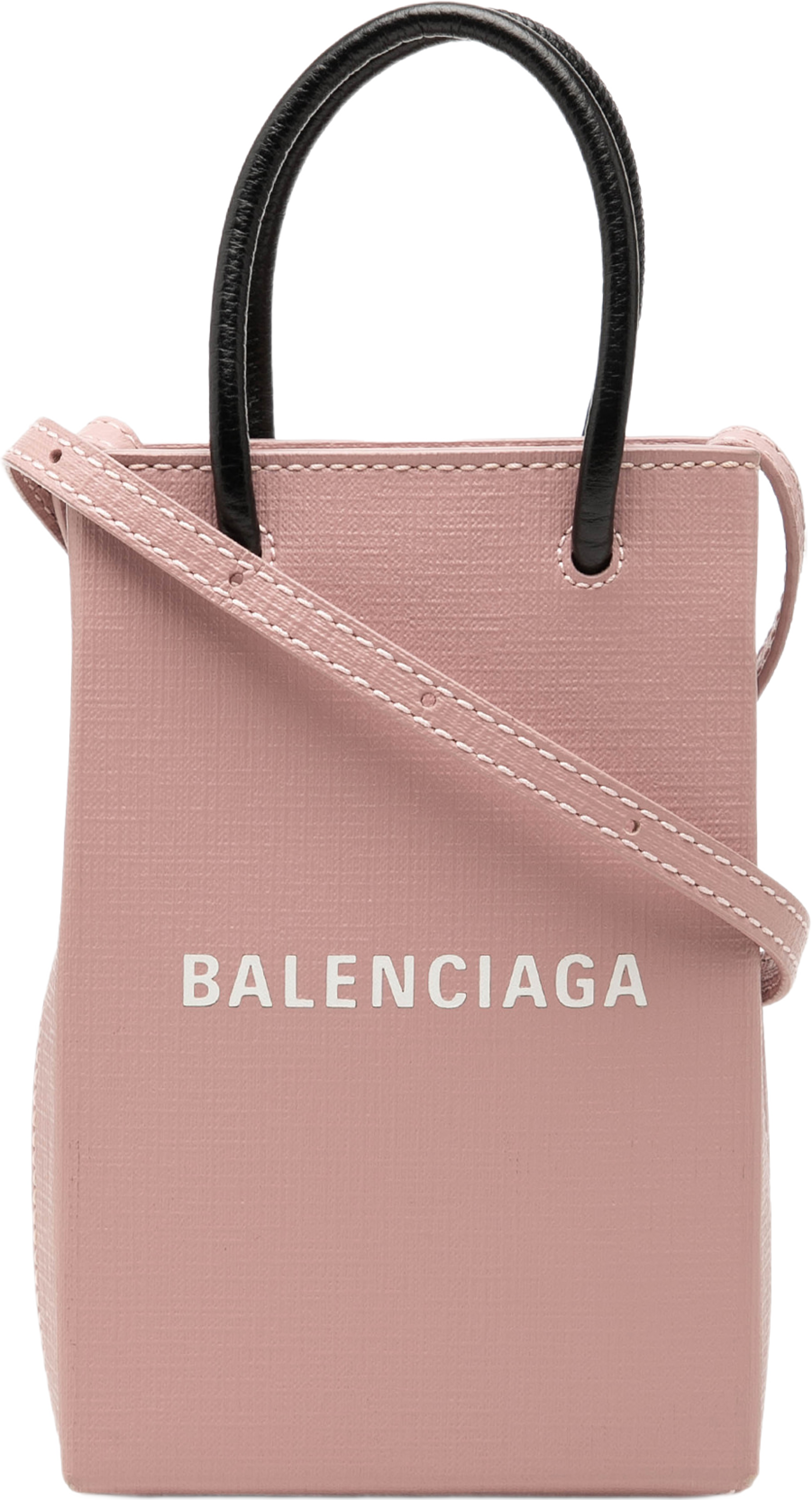 Balenciaga Mini Calfskin Logo Shopping Phone Holder, från Luxclusif, i färgen rosa. Klicka för att öppna bilden i stort format