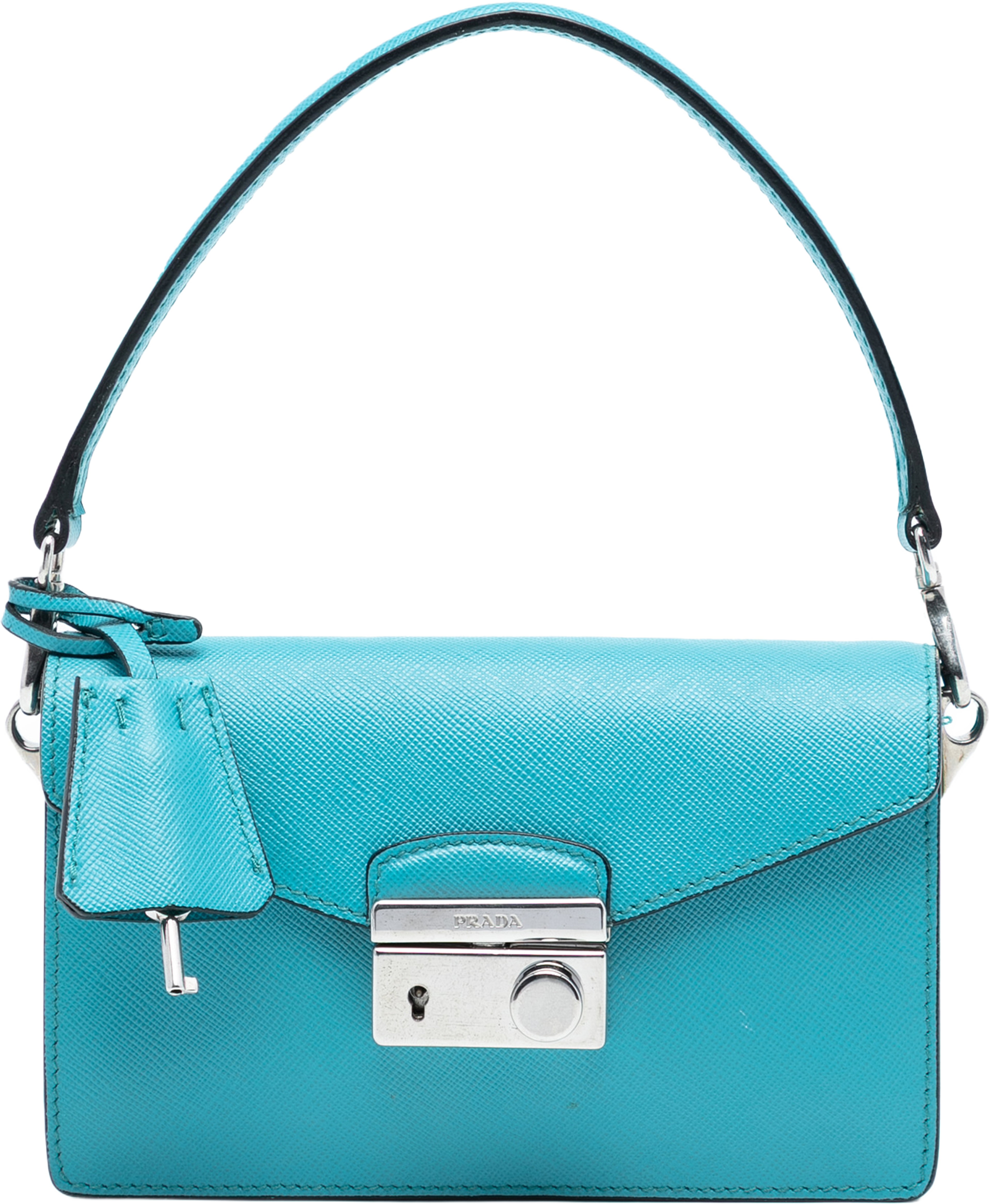 Prada Saffiano Lux Sound Lock Satchel, från Luxclusif, i färgen turquoise. Klicka för att öppna bilden i stort format