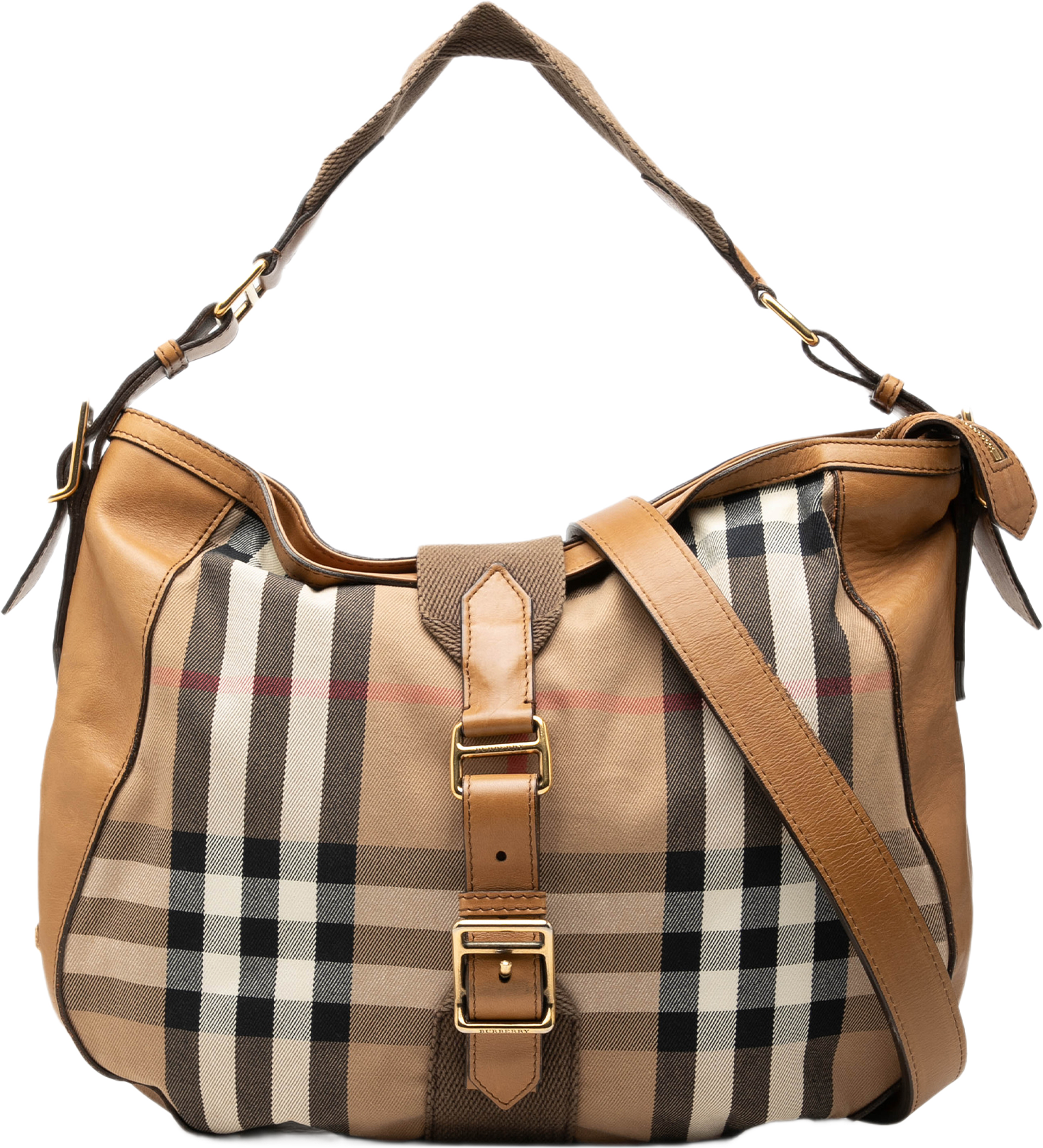 Burberry Medium House Check Canvas Ashwood Hobo, från Luxclusif, i färgen beige. Klicka för att öppna bilden i stort format