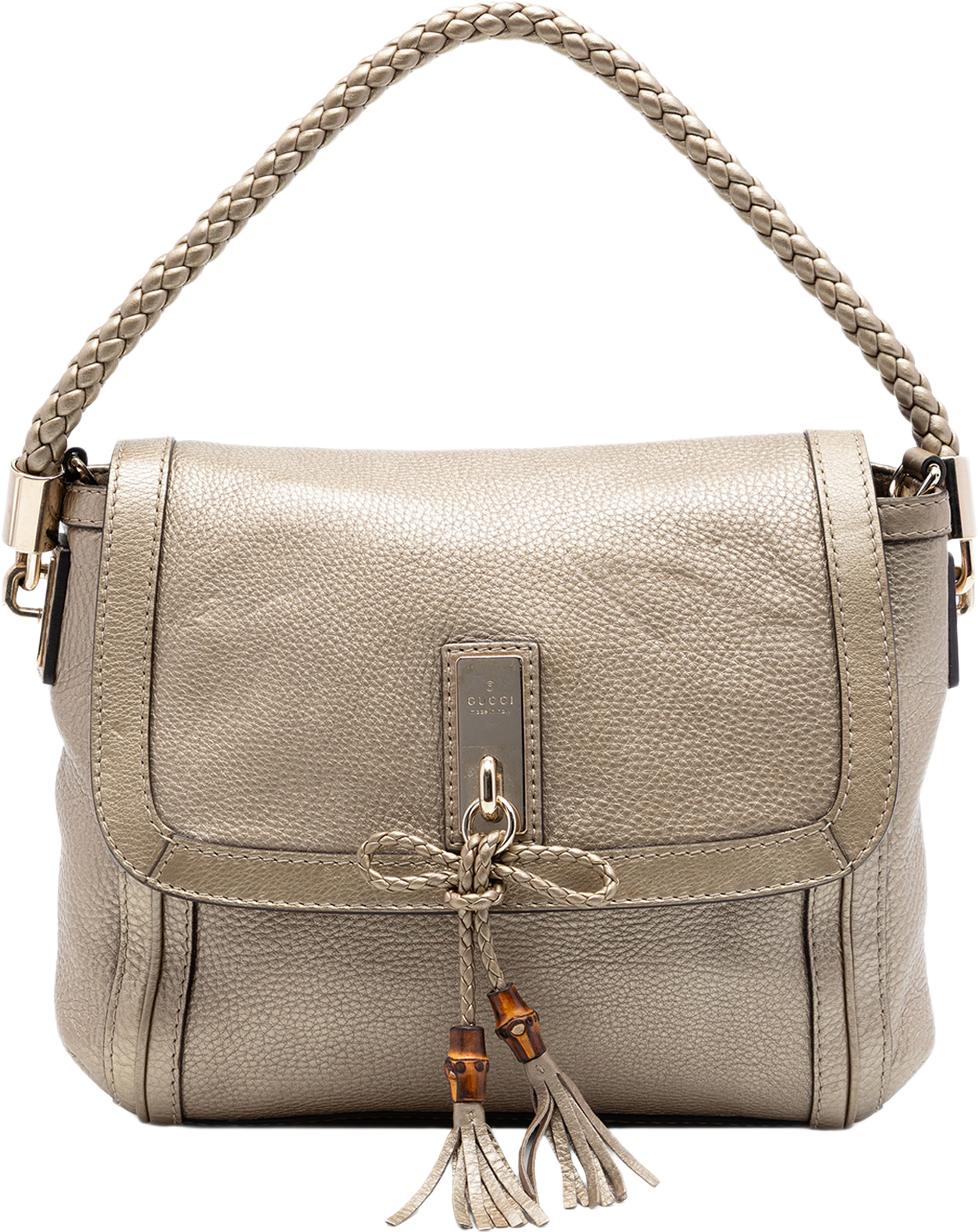 Gucci Leather Bella Satchel, från Luxclusif, i färgen gold. Klicka för att öppna bilden i stort format
