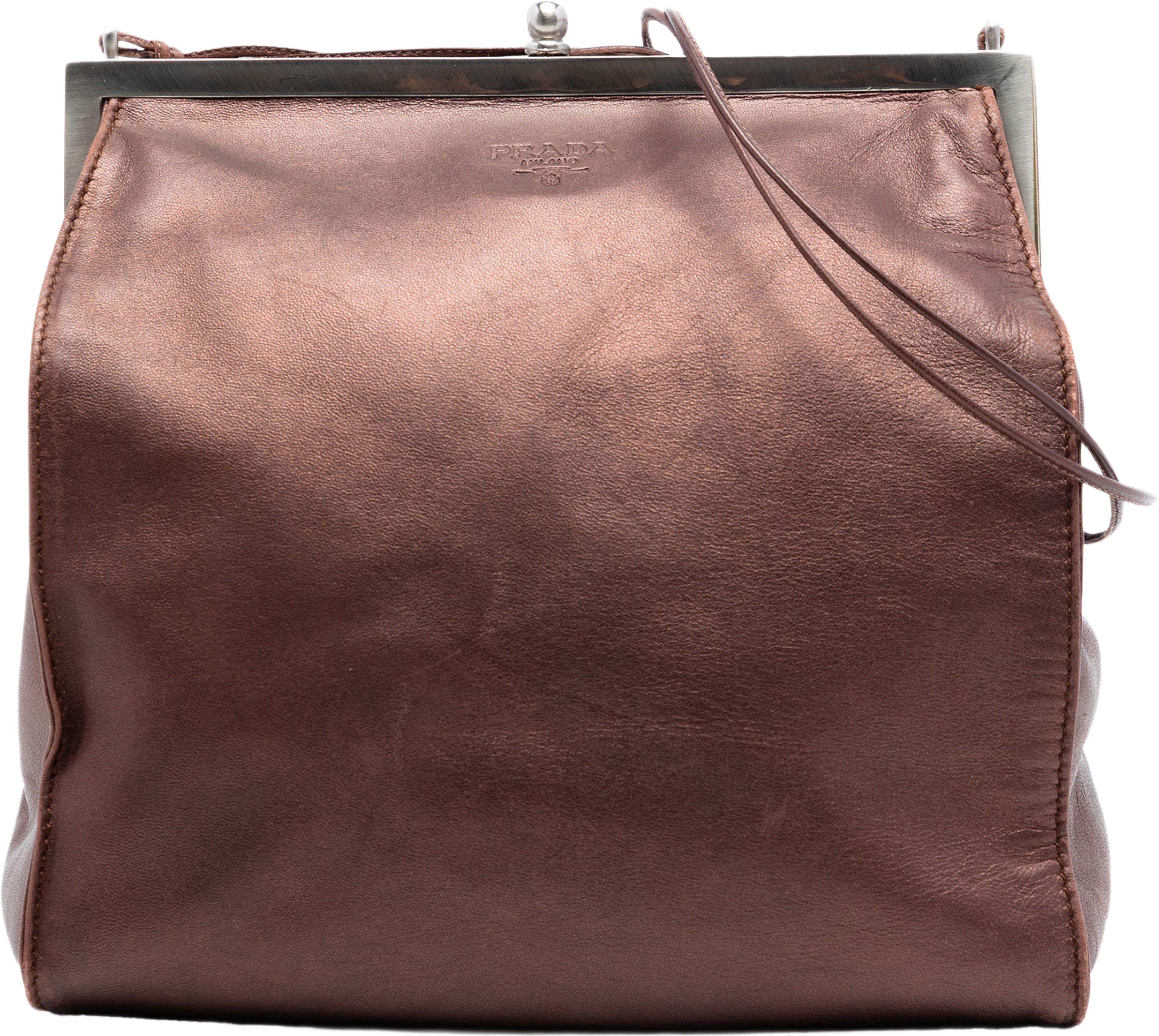 Prada Metallic Nappa Frame Crossbody, från Luxclusif, i färgen dark brown. Klicka för att öppna bilden i stort format