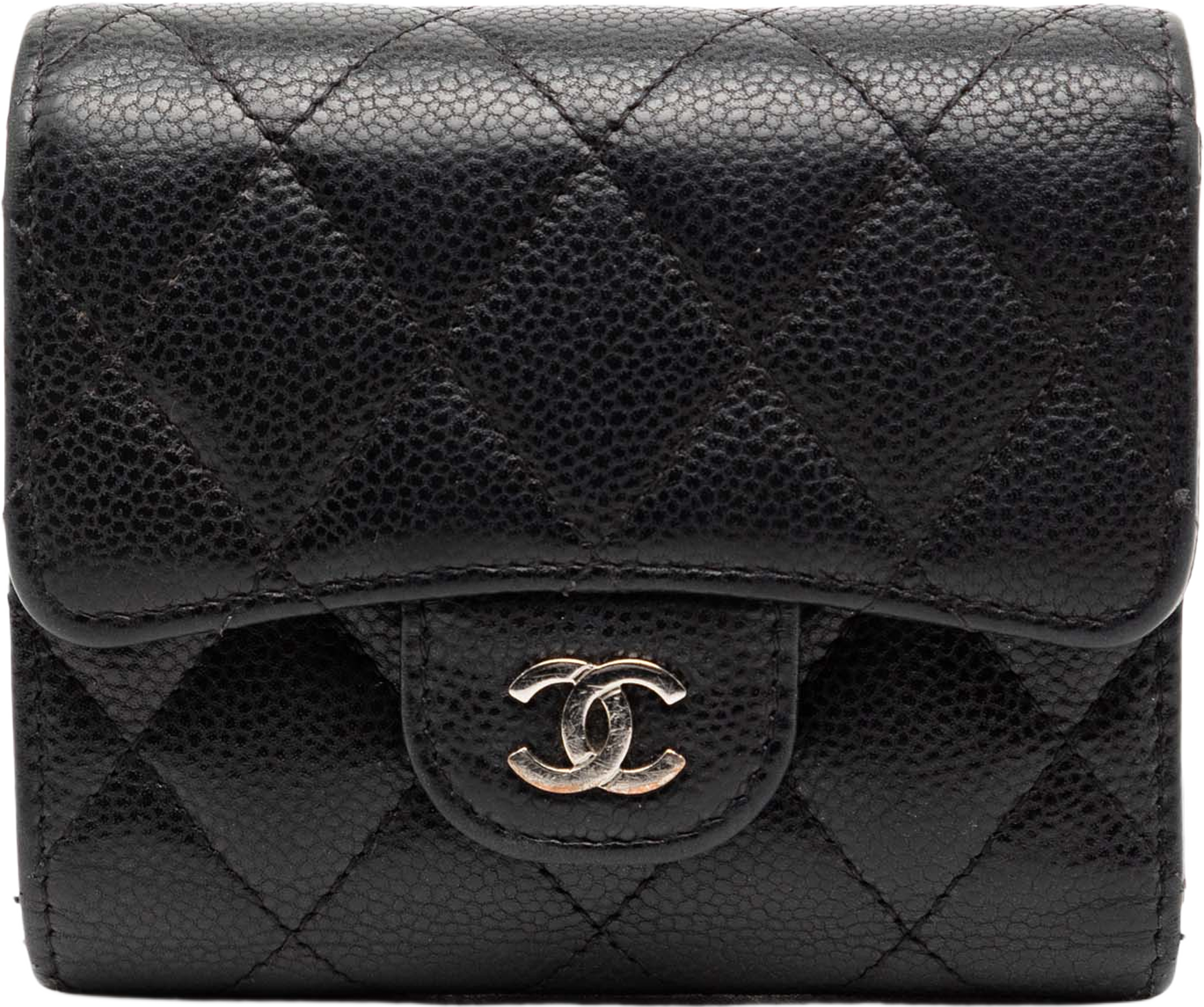 Chanel Classic Caviar Trifold Flap Wallet, från Luxclusif, i färgen black. Klicka för att öppna bilden i stort format