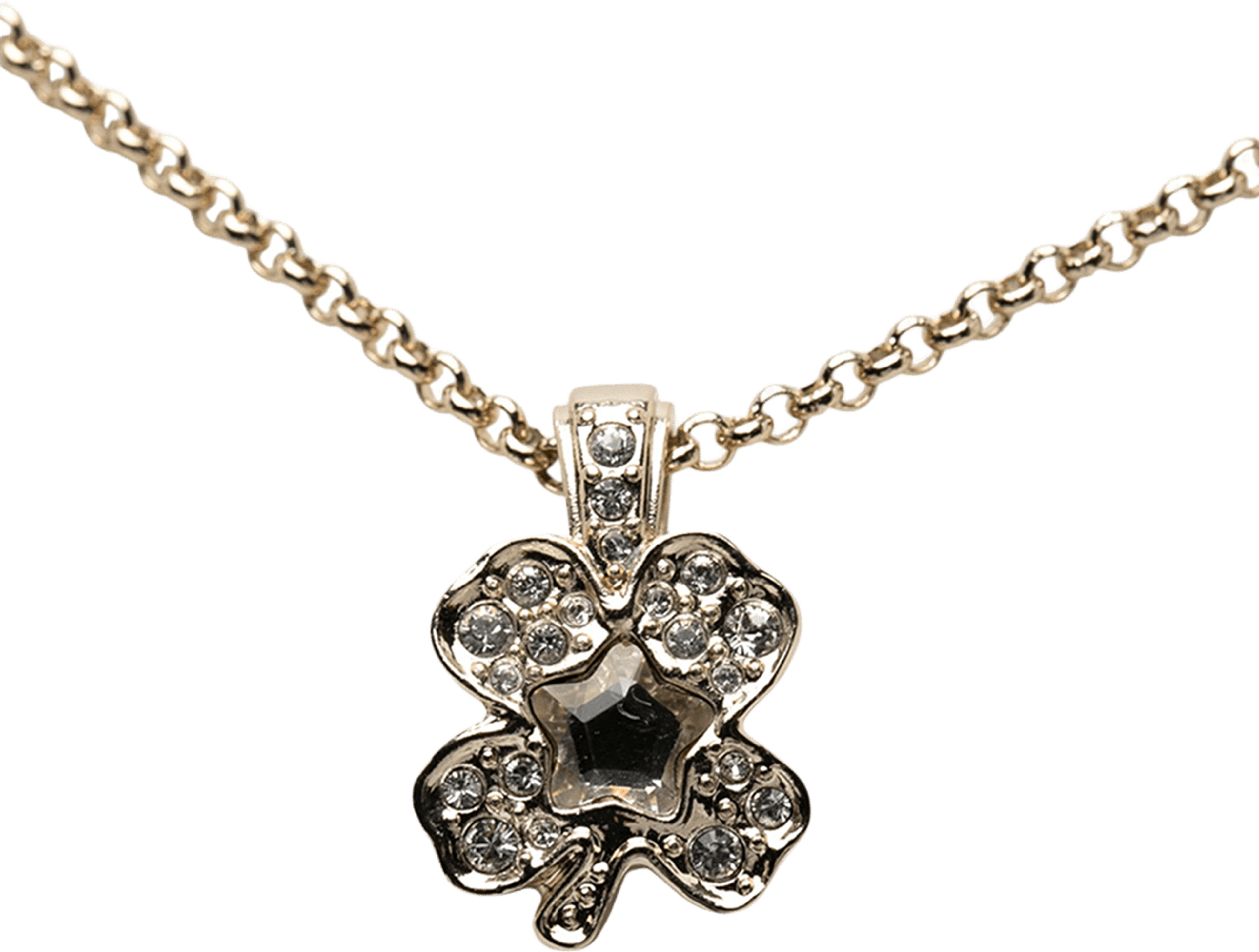Chanel Gold Plated Crystal Clover Pendant Necklace, från Luxclusif, i färgen gold. Klicka för att öppna bilden i stort format
